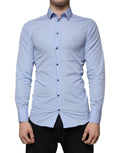 Chemise slim en coton doré Dolce & Gabbana Light Blue, détail du col et des boutons, vue de face sur fond neutre.