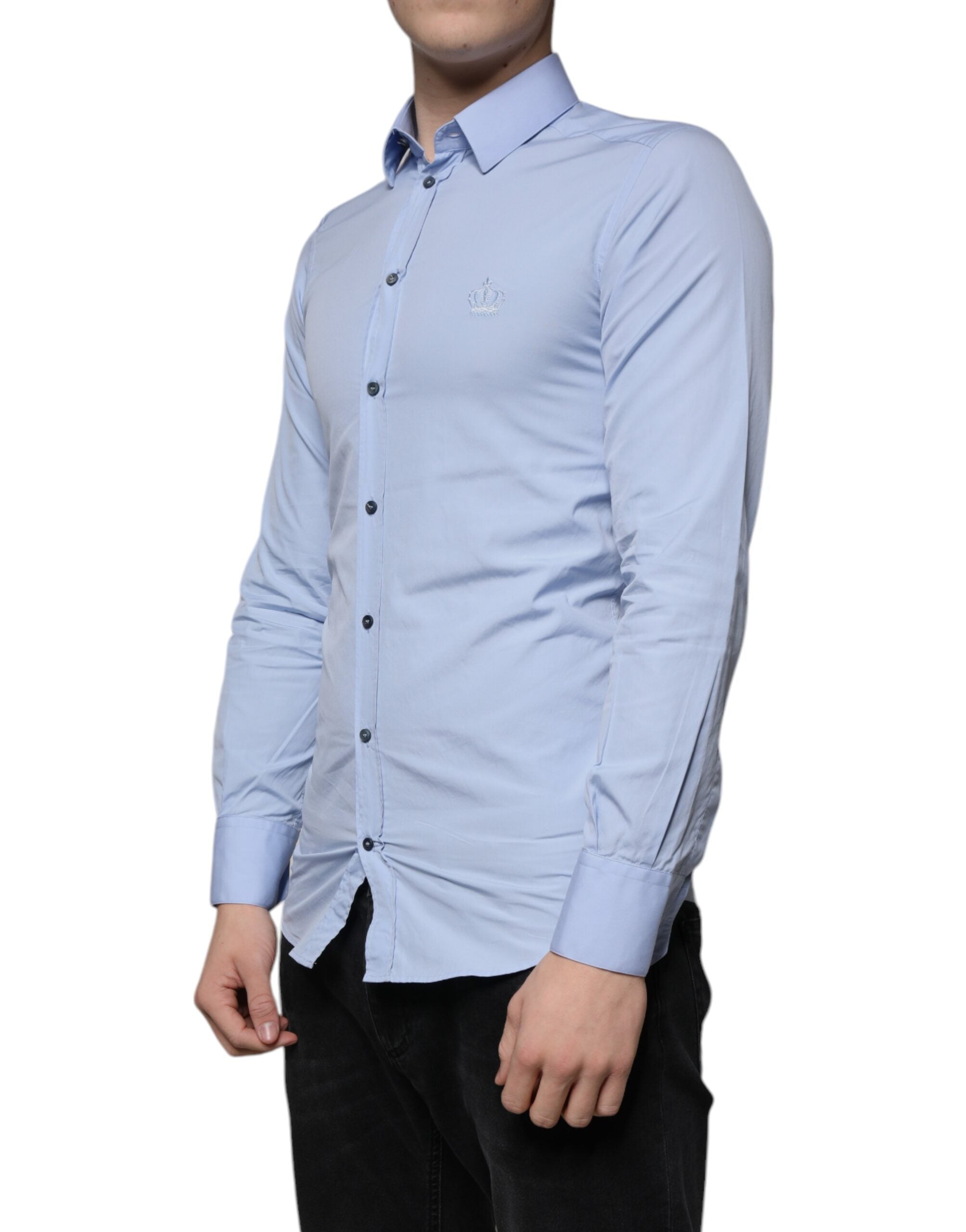 Chemise slim fit en coton Dolce & Gabbana Light Blue, couleur or, vue détaillée du haut de la chemise.