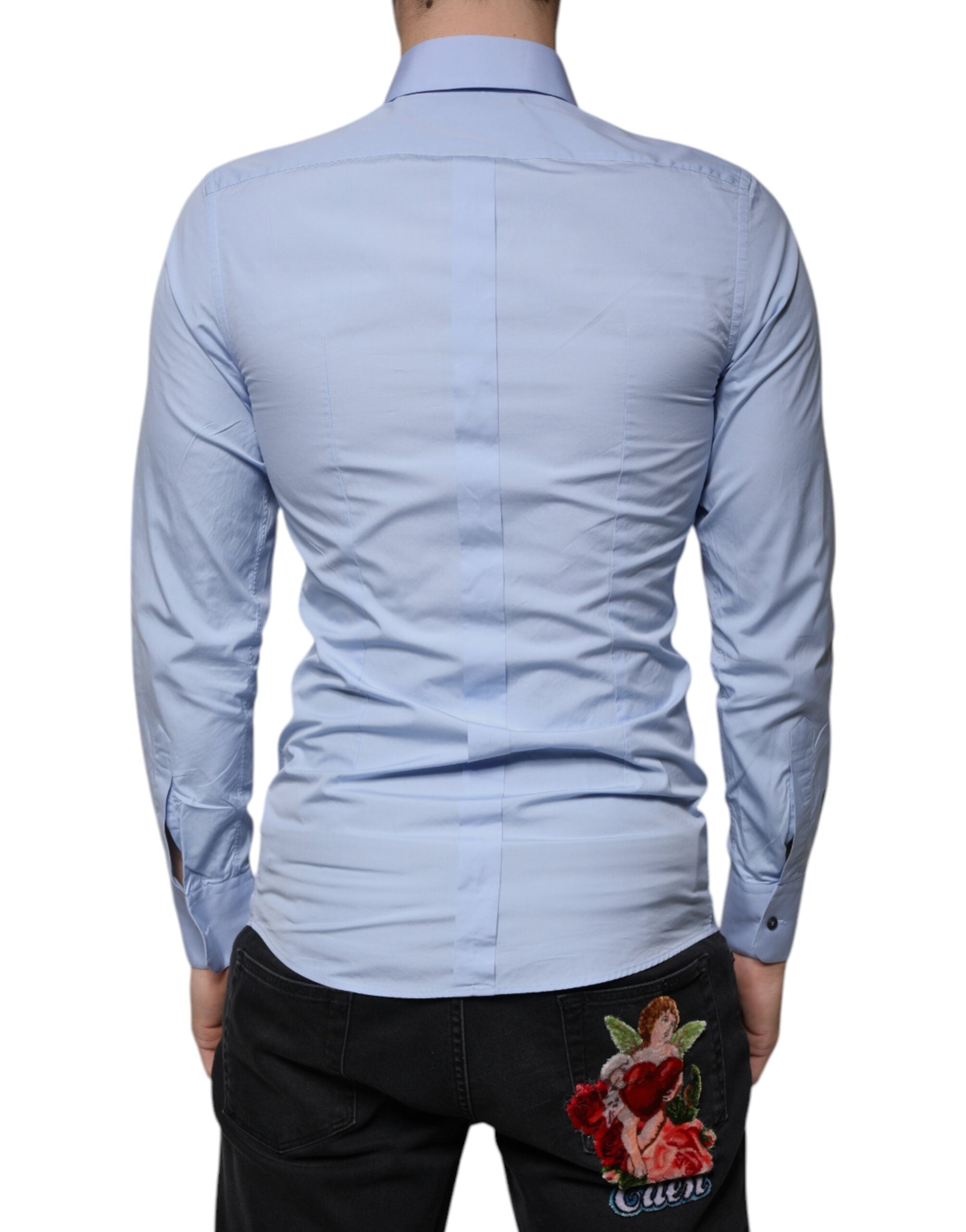 Chemise Slim Fit en coton Light Blue de Dolce & Gabbana, design élégant avec détails dorés.