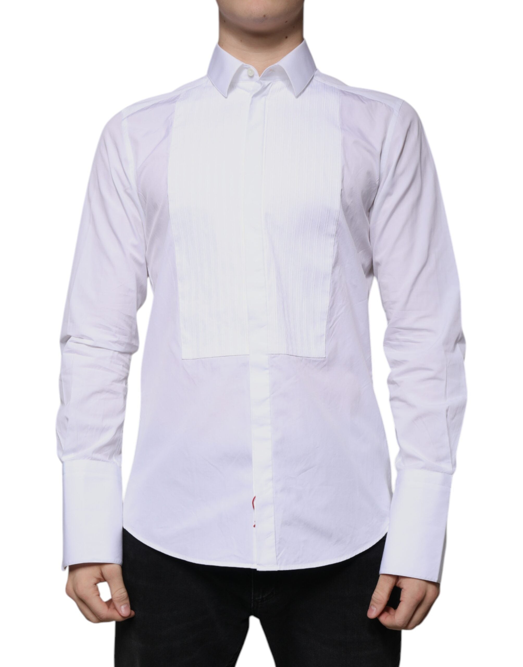 Chemise formelle blanche pour homme Dolce & Gabbana en coton popeline avec détails dorés, vue de face.