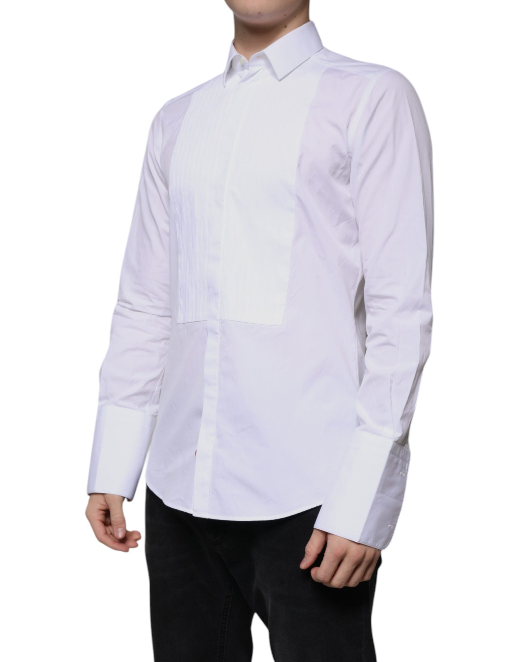 Chemise homme Dolce & Gabbana en coton popeline blanc avec bavoir or, style formel élégant et sophistiqué.