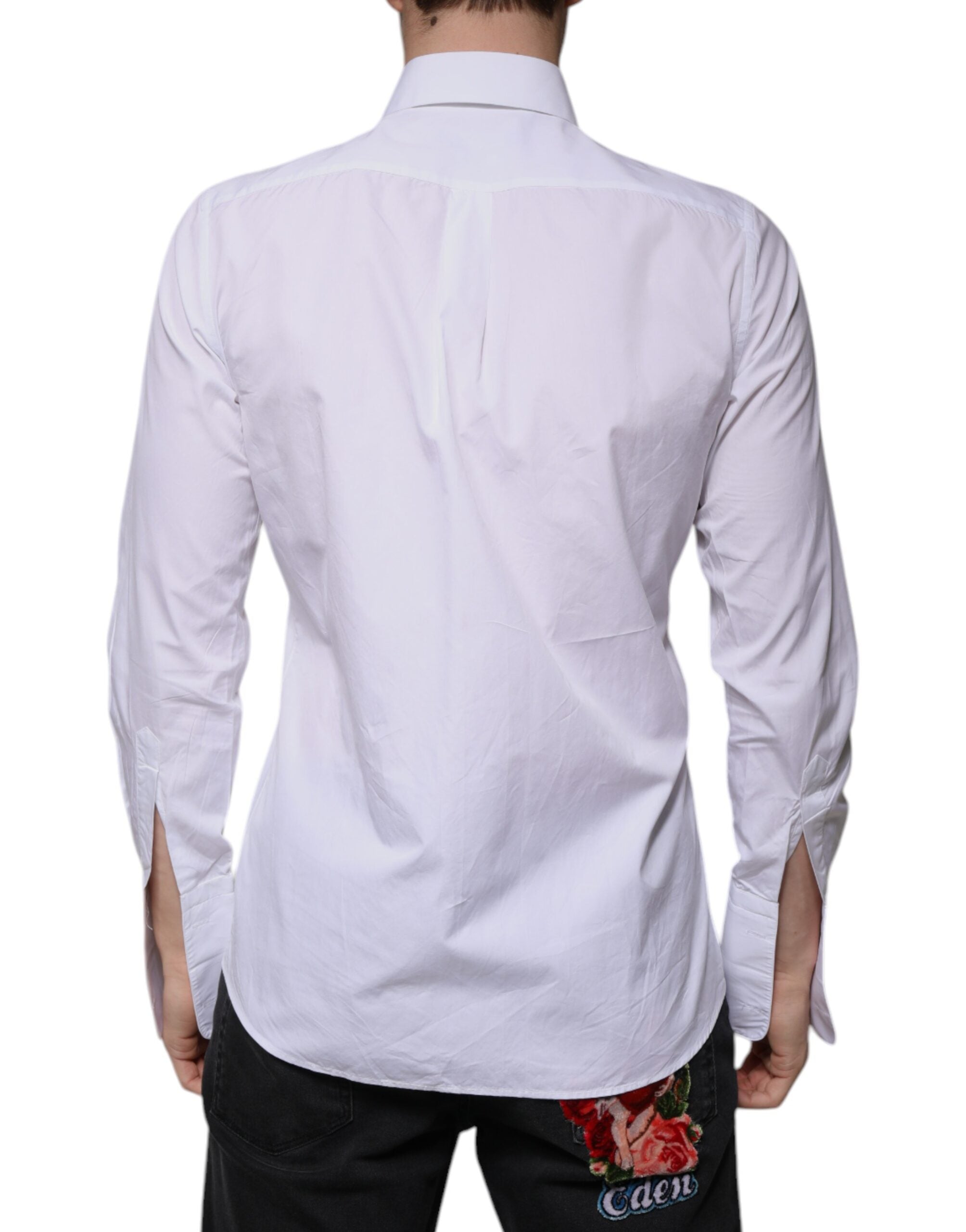 Chemise formelle blanche pour homme Dolce & Gabbana en coton popeline avec détails dorés, vue de face.