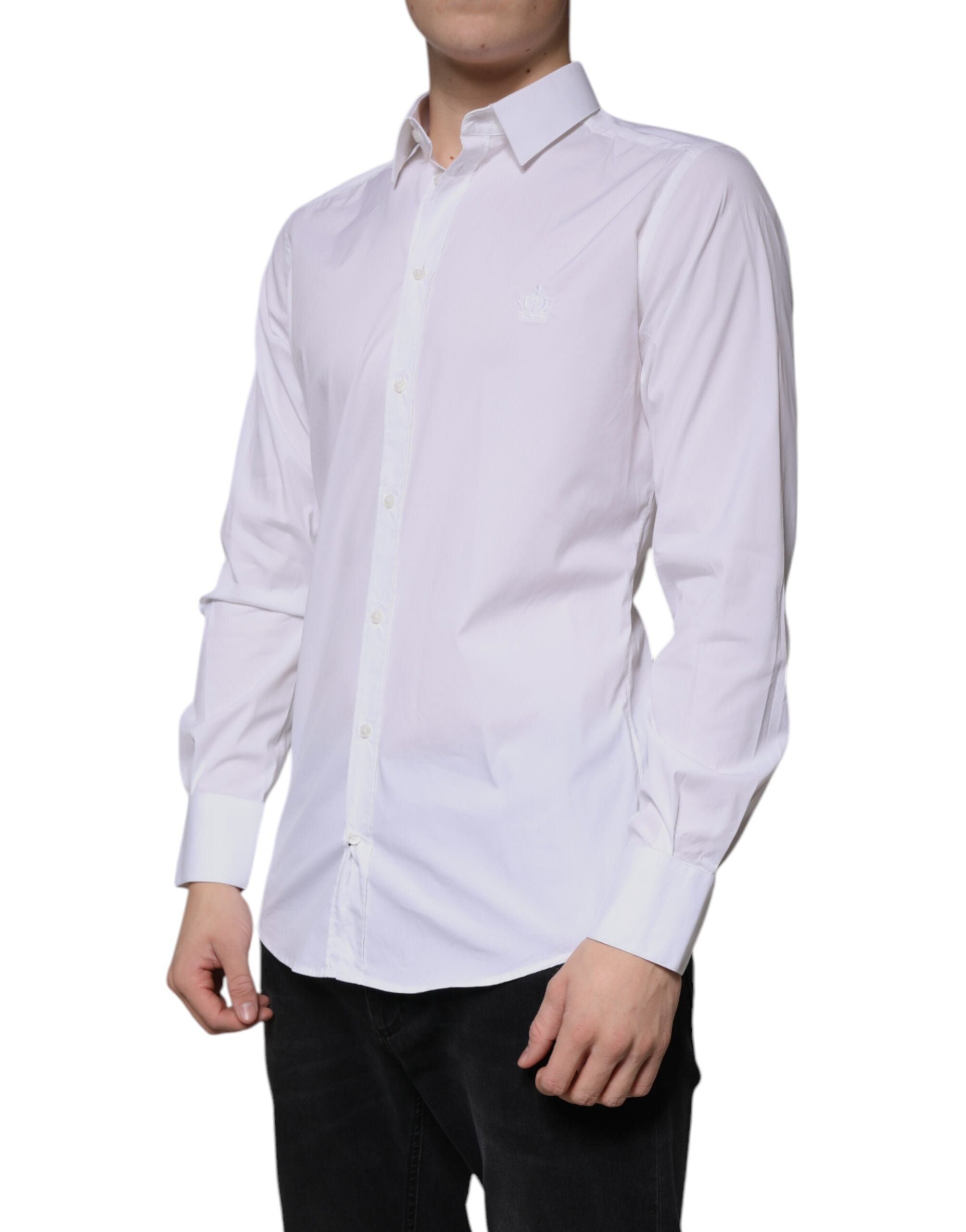 Chemise homme Dolce & Gabbana en coton blanc à manches longues avec détails dorés, vue de face.