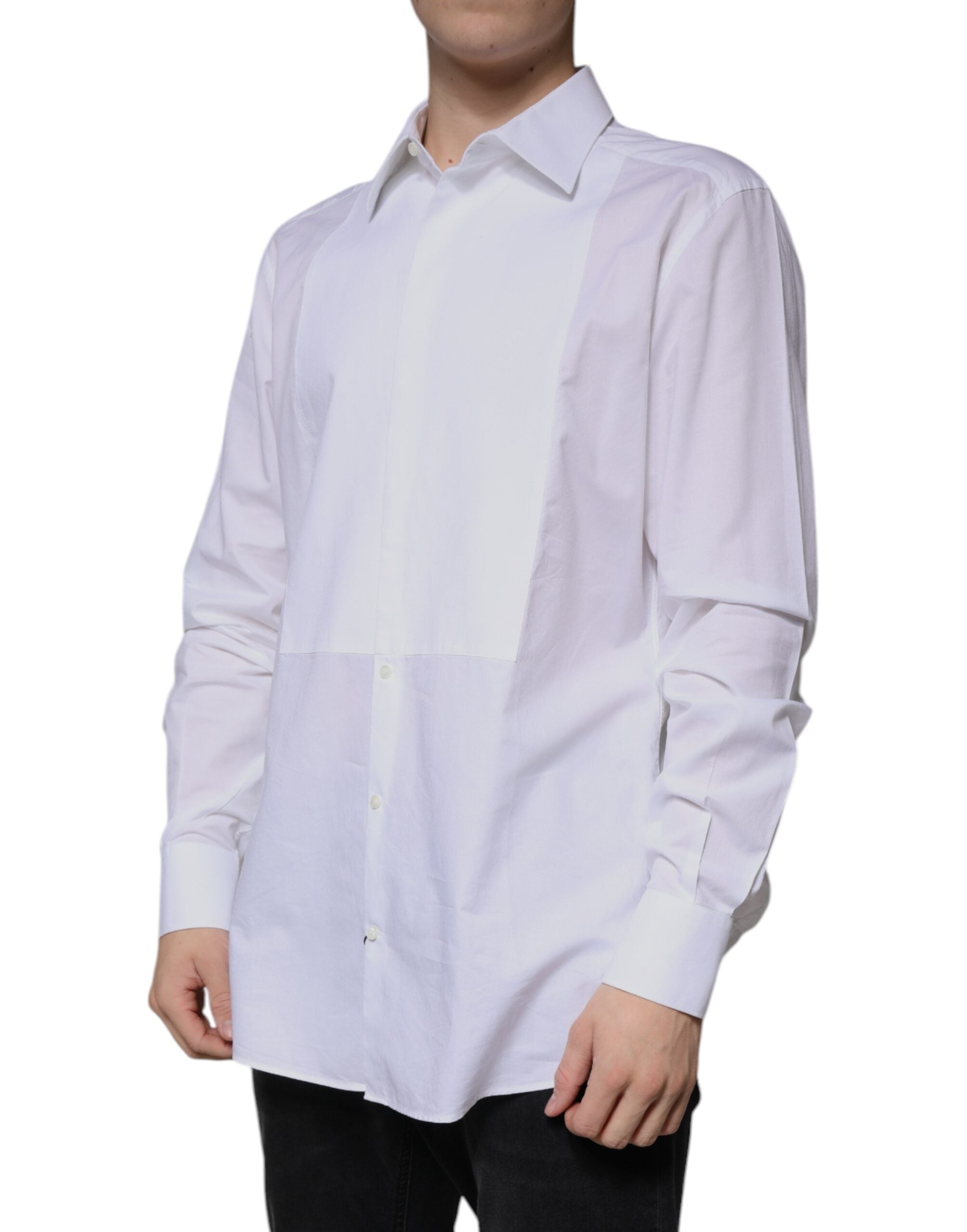 Chemise formelle blanche Dolce & Gabbana en coton popeline avec détails dorés, vue de face.