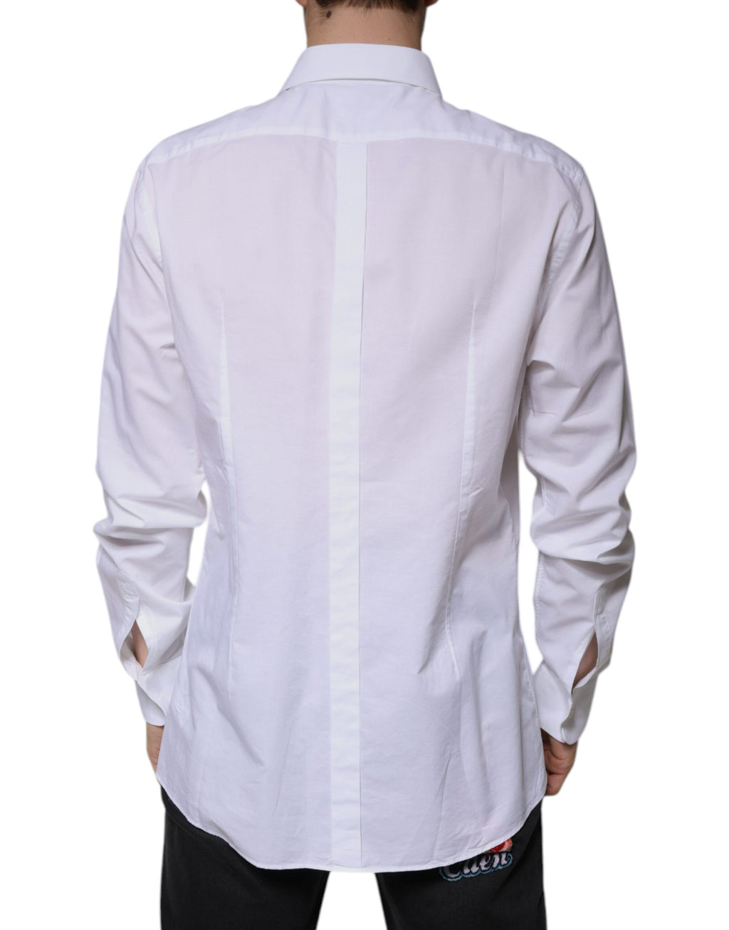 Chemise formelle blanche en coton popeline Dolce & Gabbana avec détails dorés, vue de face.