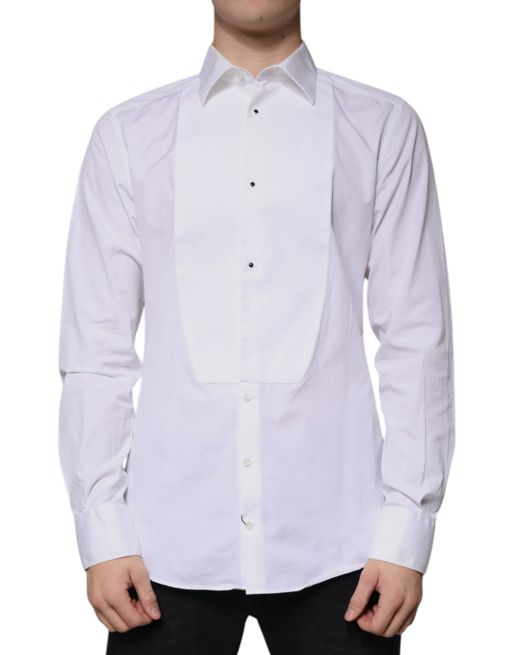 Chemise formelle blanche Dolce & Gabbana en coton popeline avec détails dorés pour homme, élégance classique.