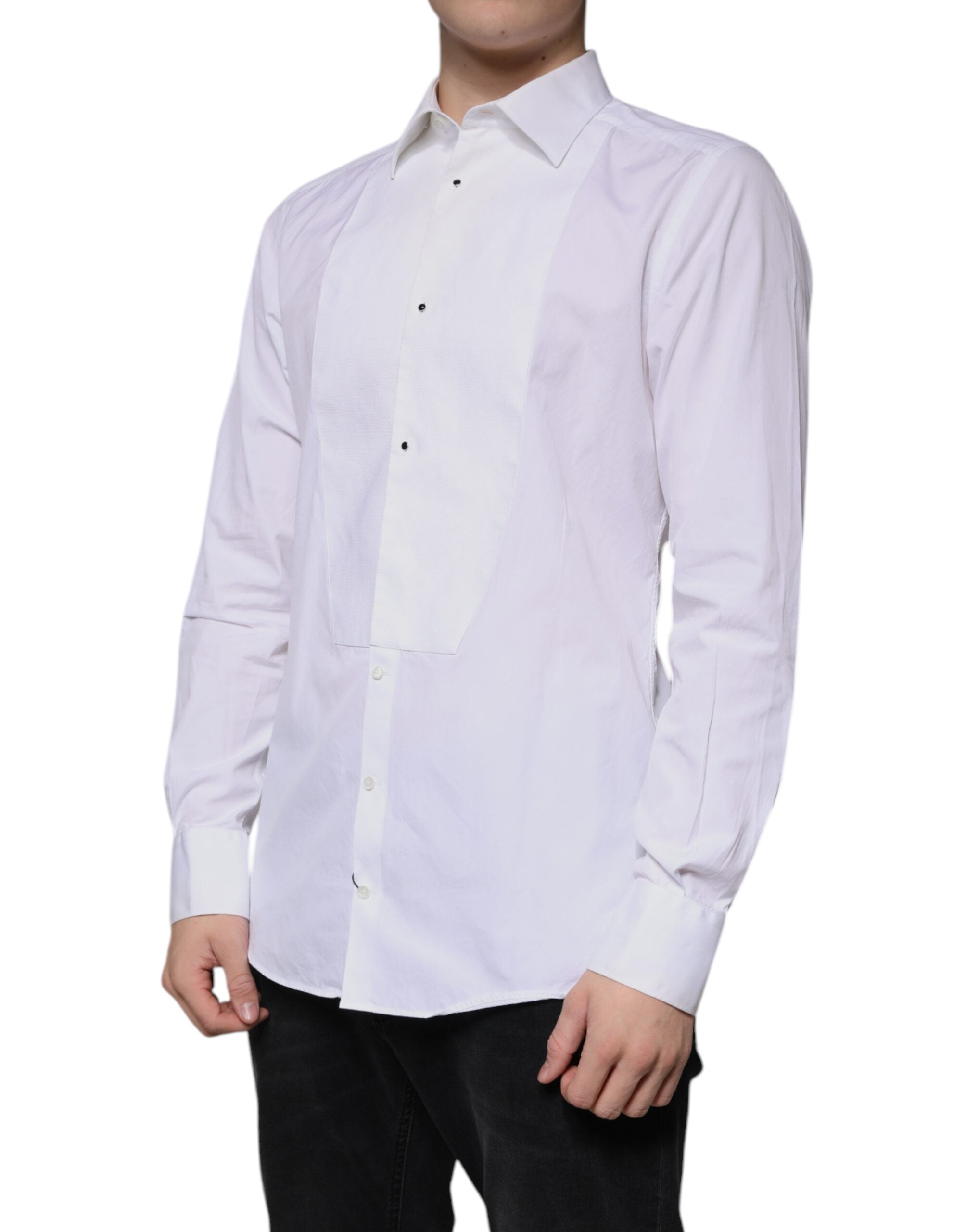 Chemise homme Dolce & Gabbana en coton popeline blanche avec détails dorés, style formel élégant.