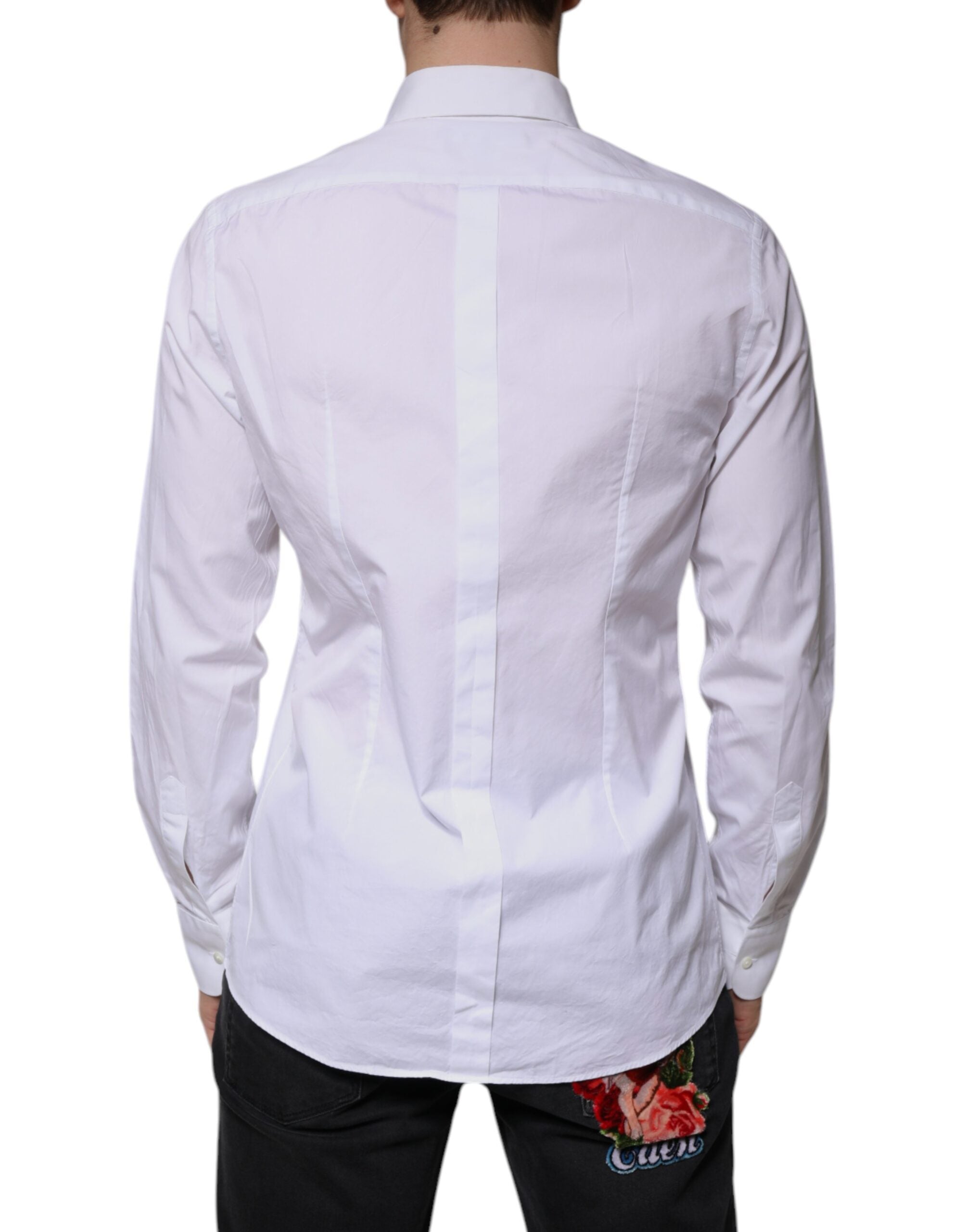 Chemise formelle blanche Dolce & Gabbana en coton popeline avec détails dorés pour homme, élégante et sophistiquée.