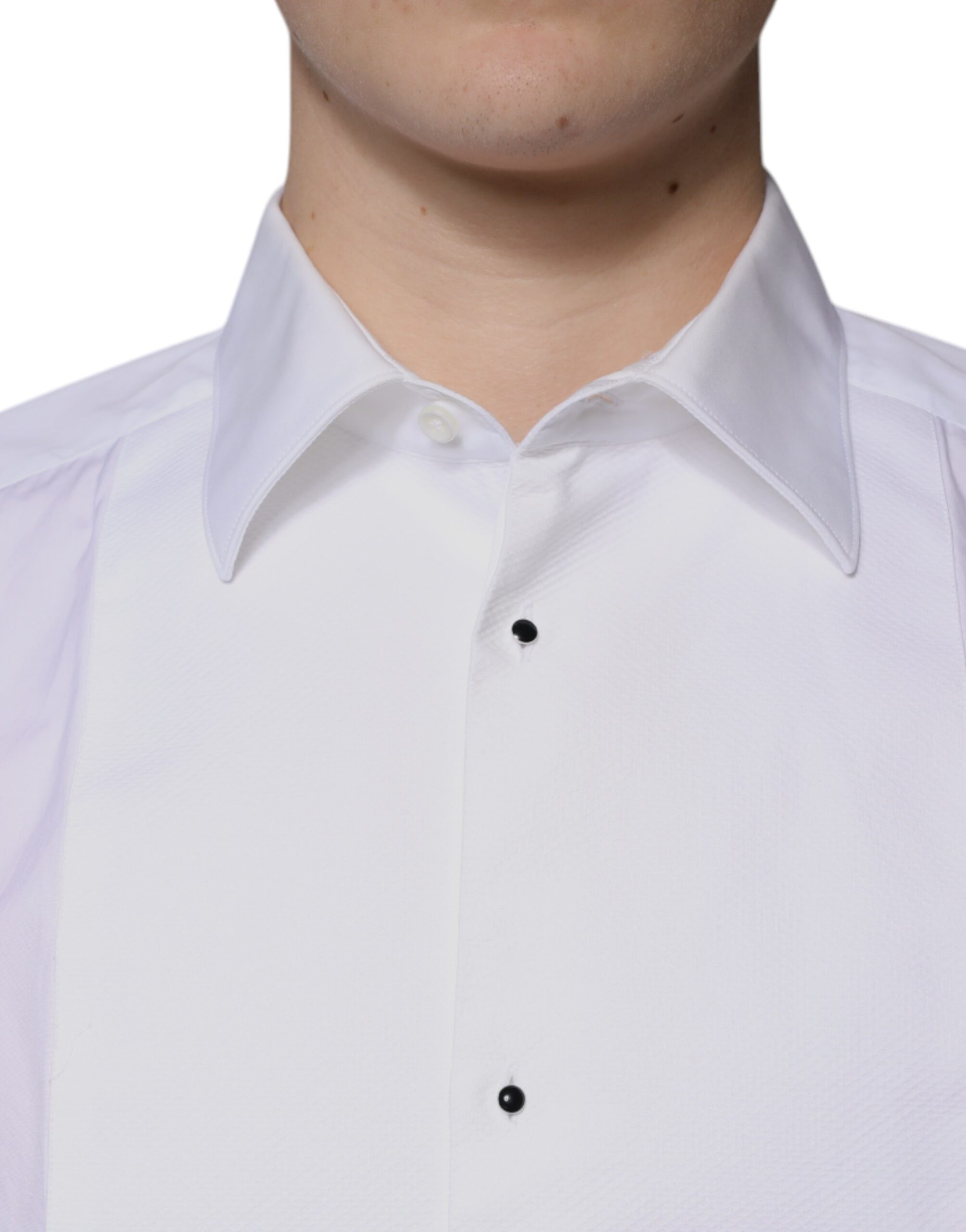 Chemise blanche en coton popeline Dolce & Gabbana pour homme, avec un col rabattu et détails dorés formels.