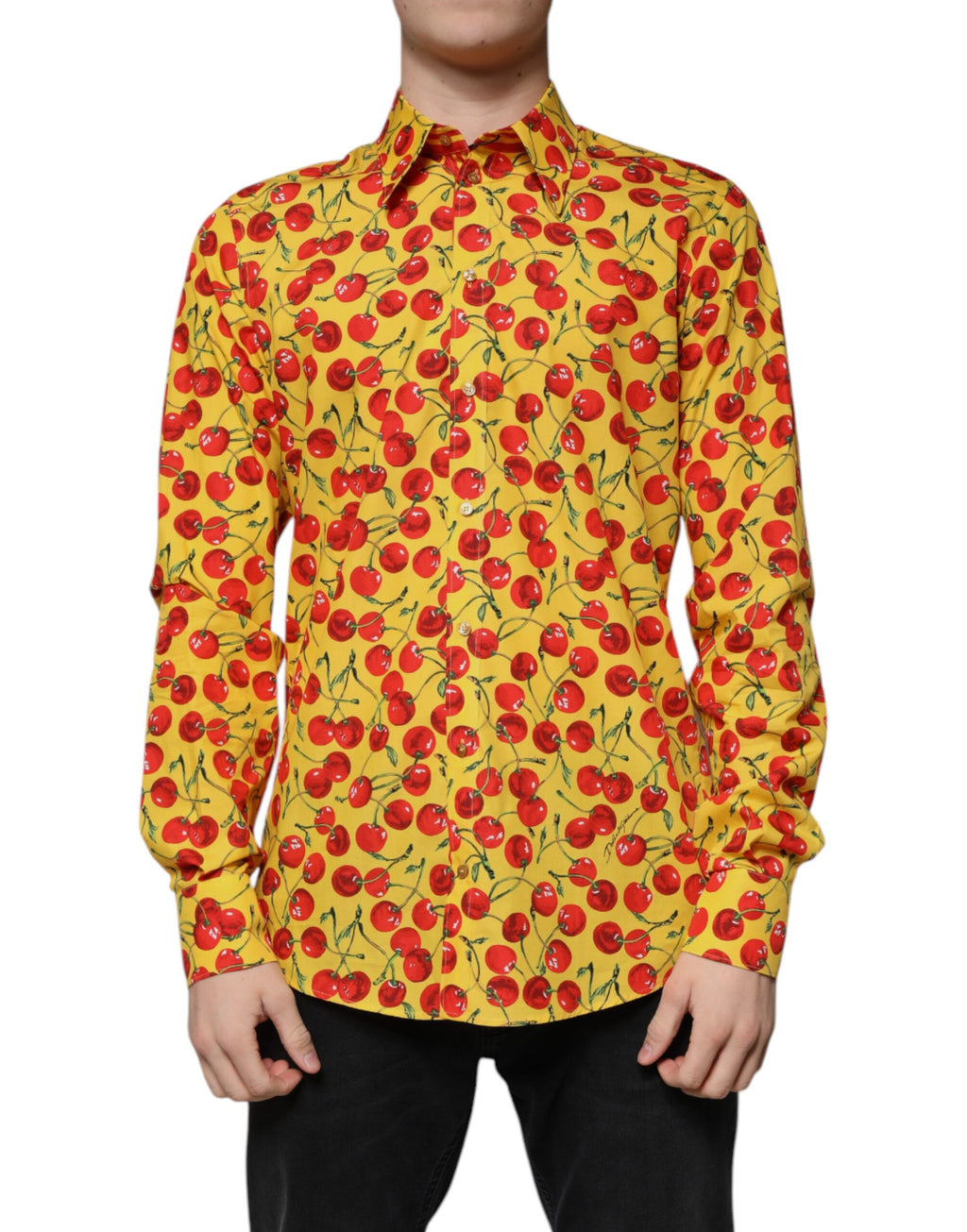 Chemise Dolce & Gabbana Martini en coton jaune avec motif cerise, style élégant et moderne.