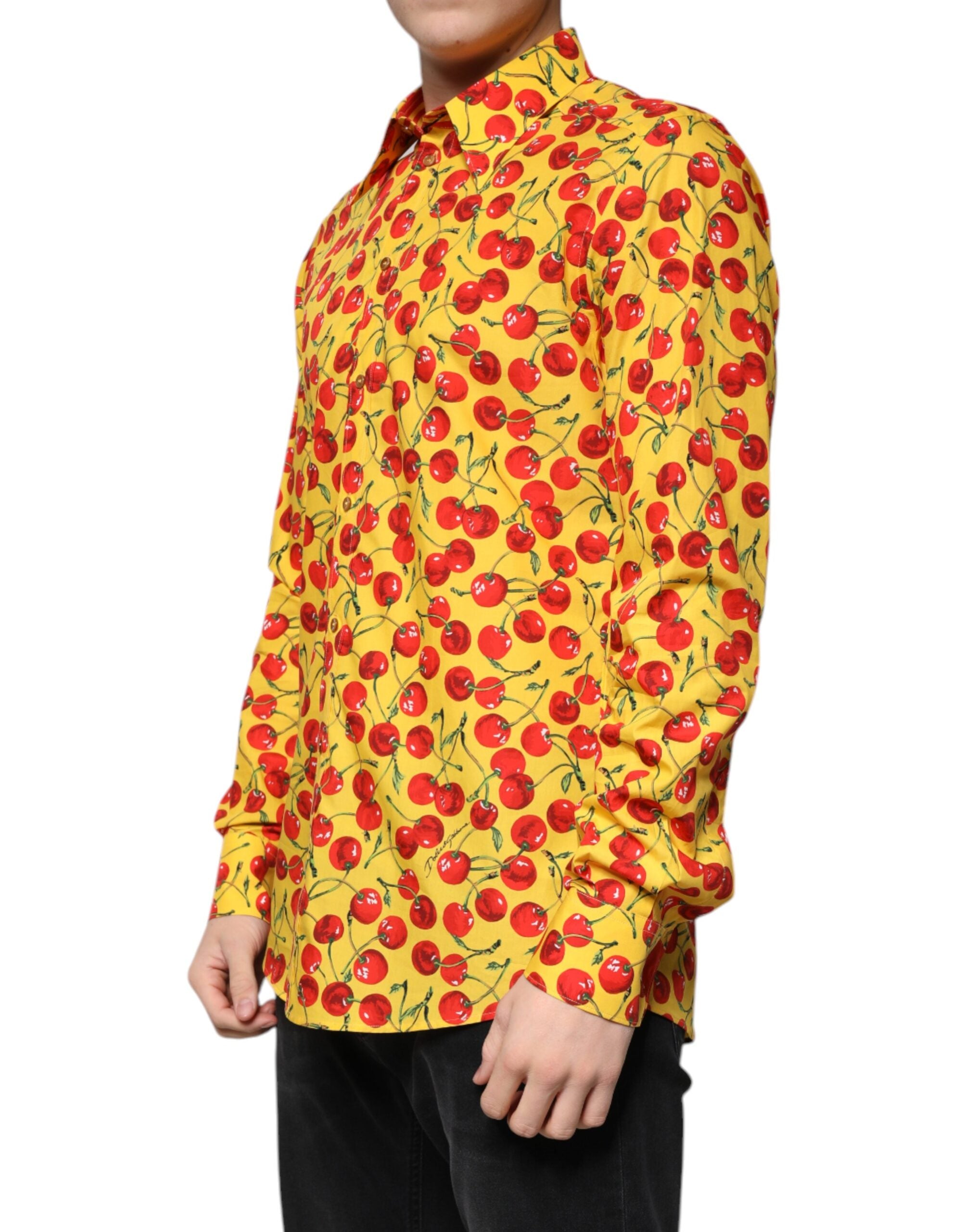 Chemise homme Dolce & Gabbana Martini en coton jaune avec motif cerise, style élégant et moderne.