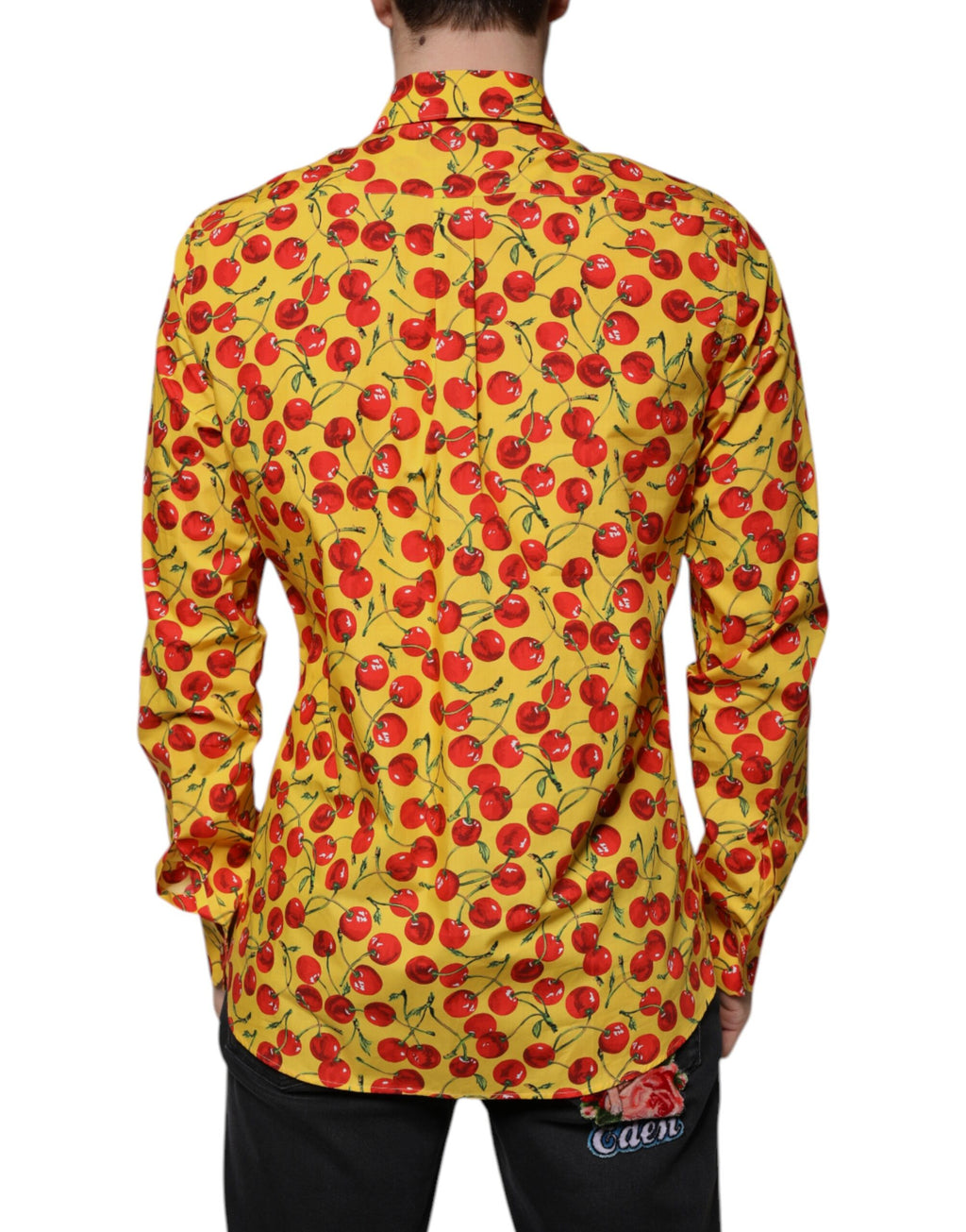 Chemise homme Dolce & Gabbana Martini en coton jaune avec motif cerise, élégante et sophistiquée pour un style chic.
