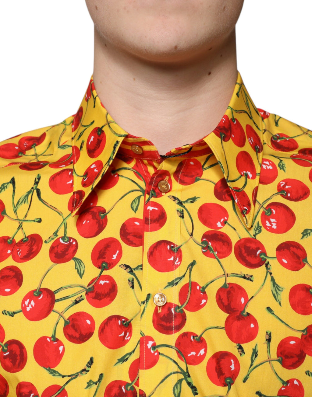Chemise Dolce & Gabbana Martini en coton jaune avec motif cerise, élégante et classique pour homme.