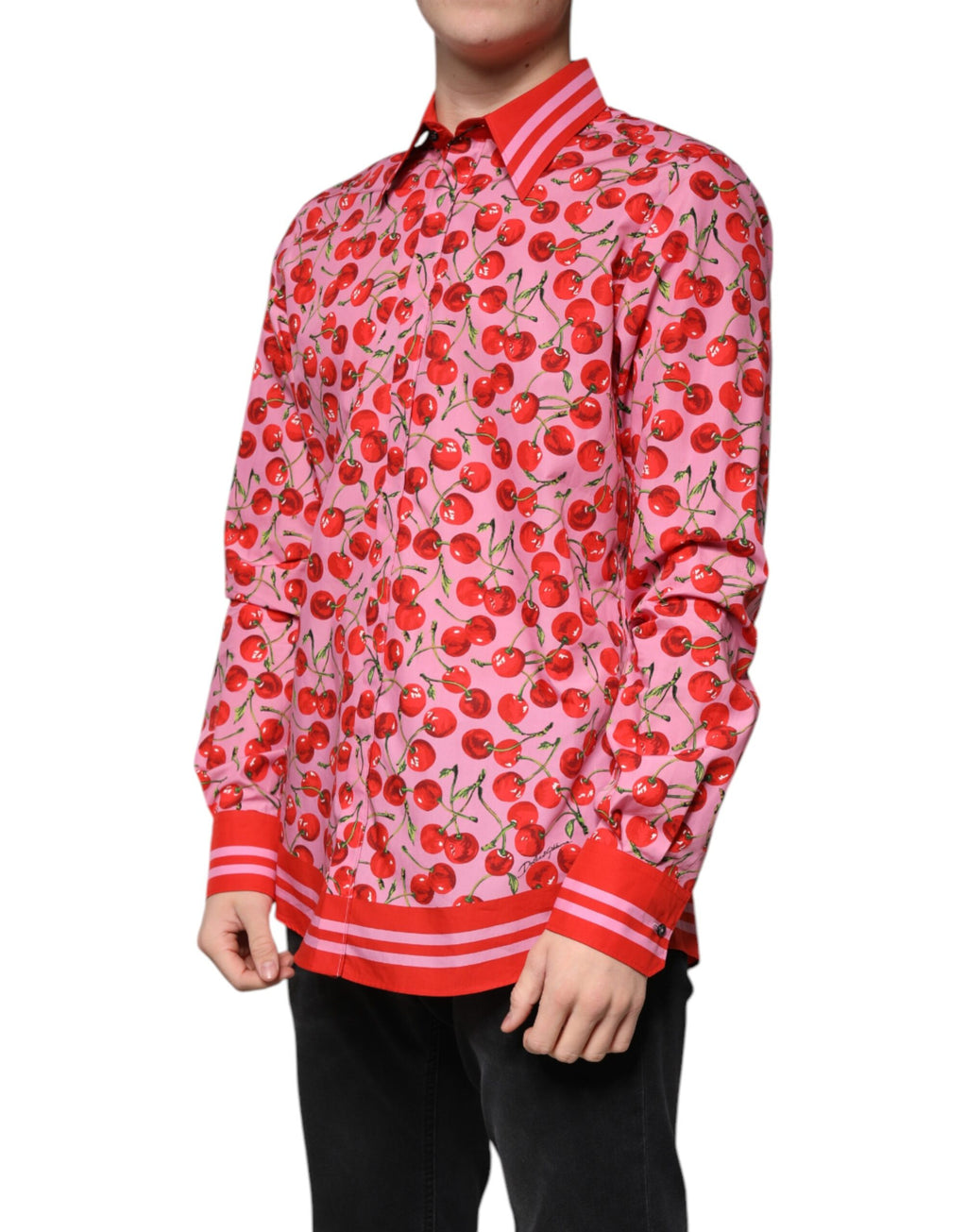 Chemise formelle en coton rose à cerises Dolce & Gabbana, style Martini, avec col et boutons élégants, pour homme.
