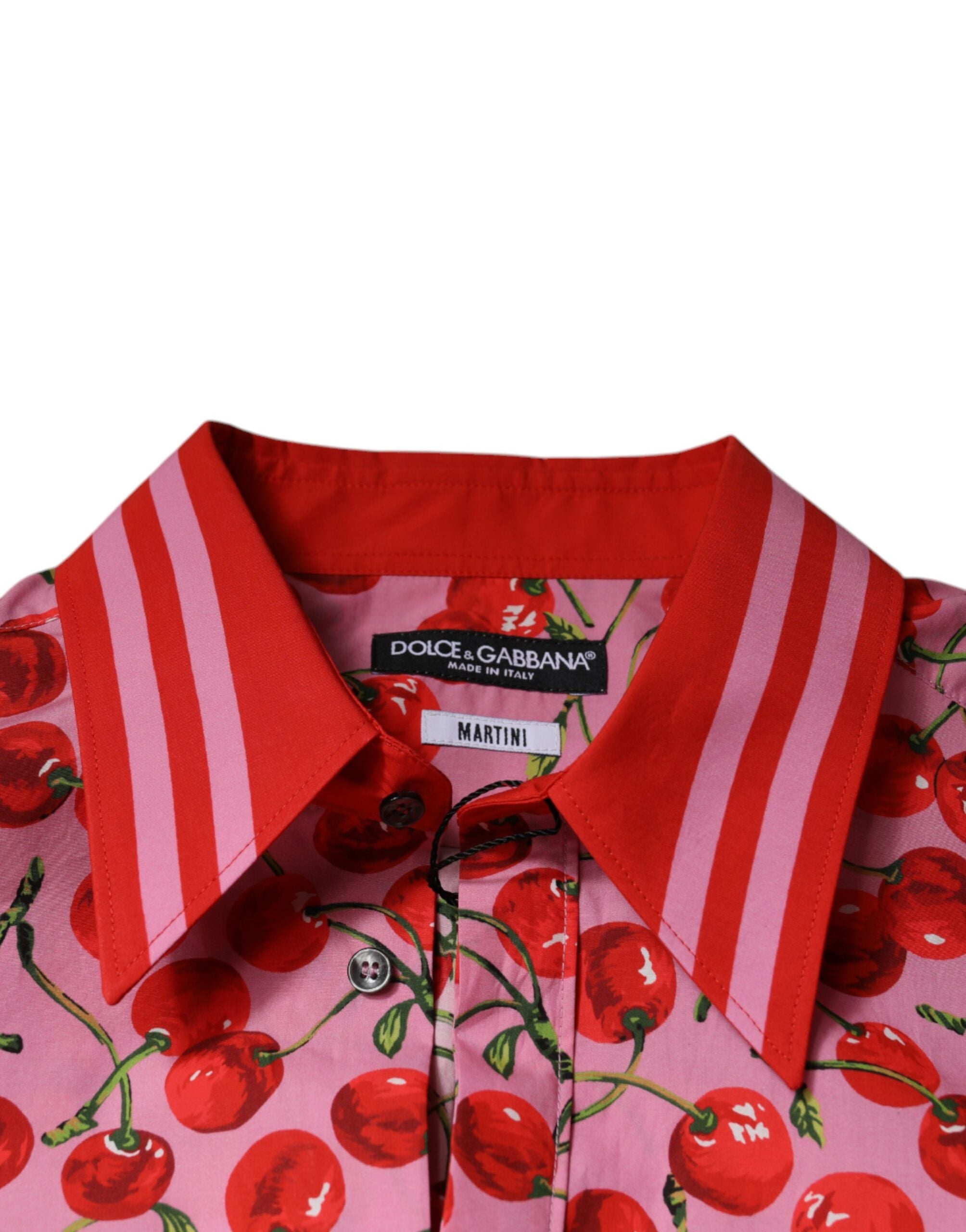 Chemise formelle Dolce & Gabbana en coton rose avec motif cerise, style Martini, vue de face.