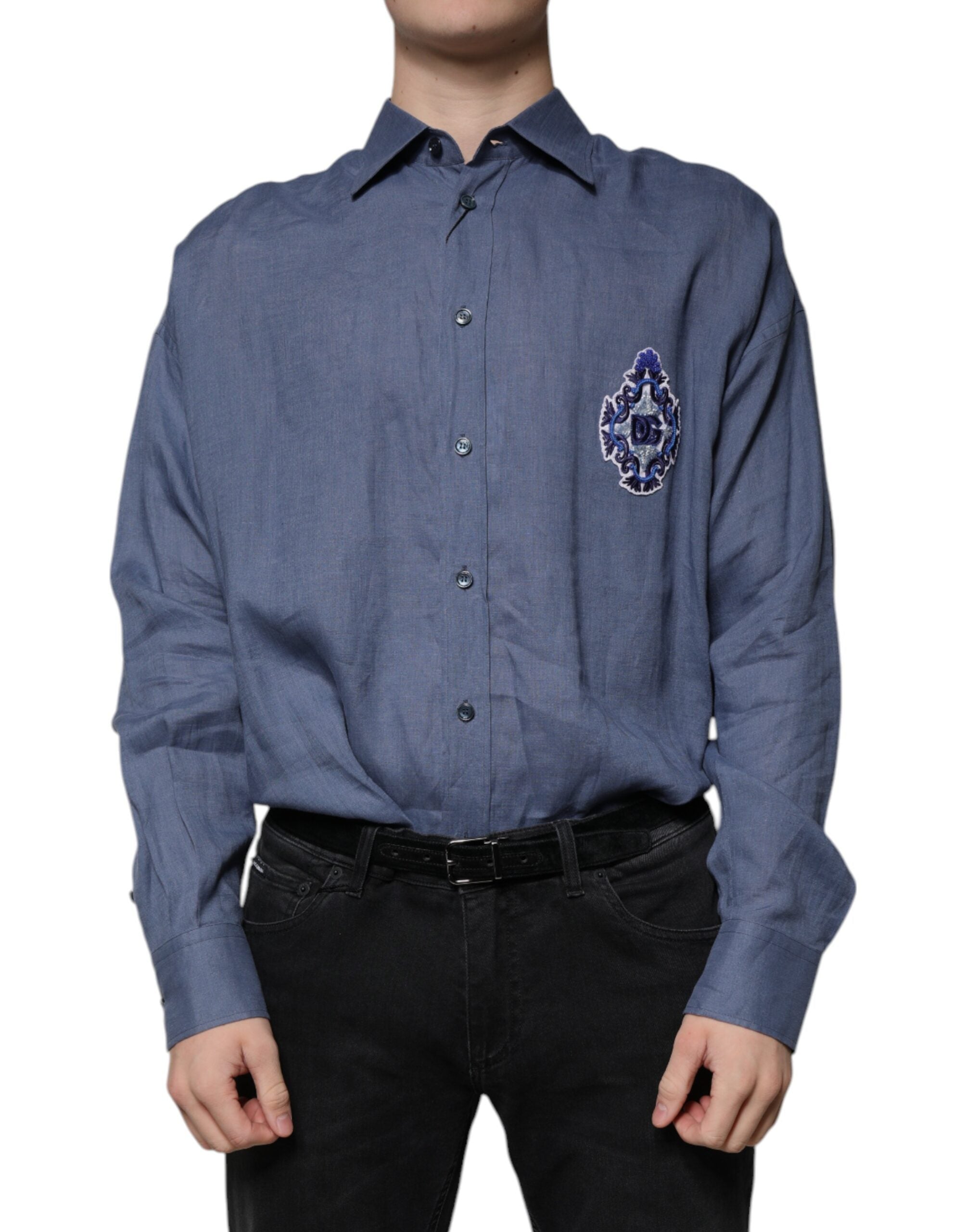 Chemise à manches longues Dolce & Gabbana Bleu avec logo, boutons, style décontracté et coupe classique.