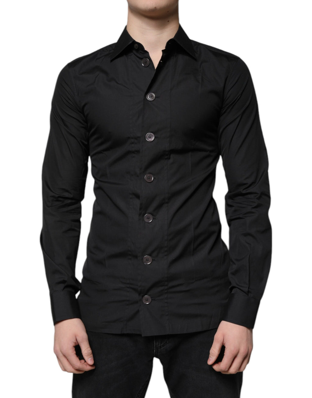 Chemise longue noire en coton de Dolce & Gabbana, chemise formelle à manches longues, style élégant et sophistiqué.