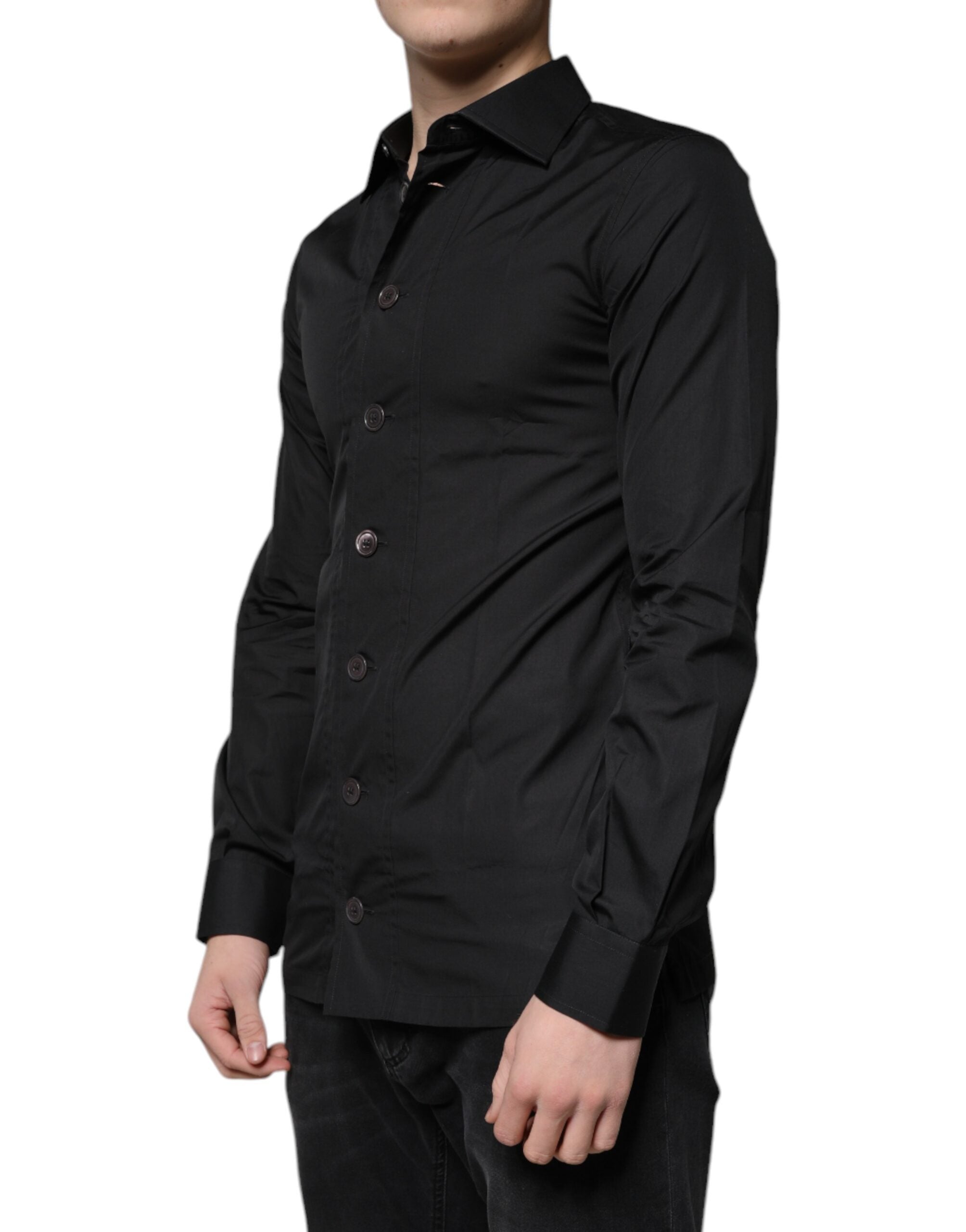 Chemise formelle noire en coton Dolce & Gabbana à manches longues, élégante et classique pour homme.