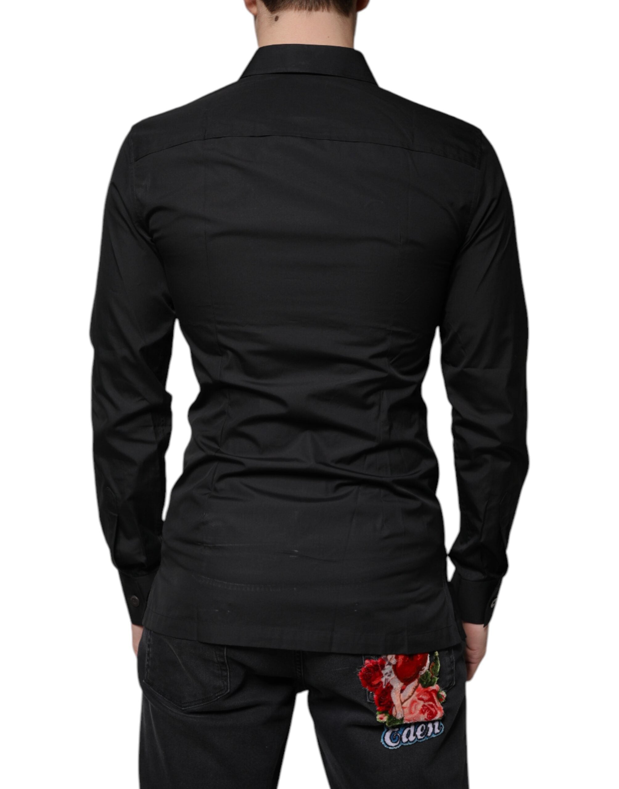 Chemise formelle noire en coton Dolce & Gabbana avec manches longues et col classique, élégante pour occasion spéciale.
