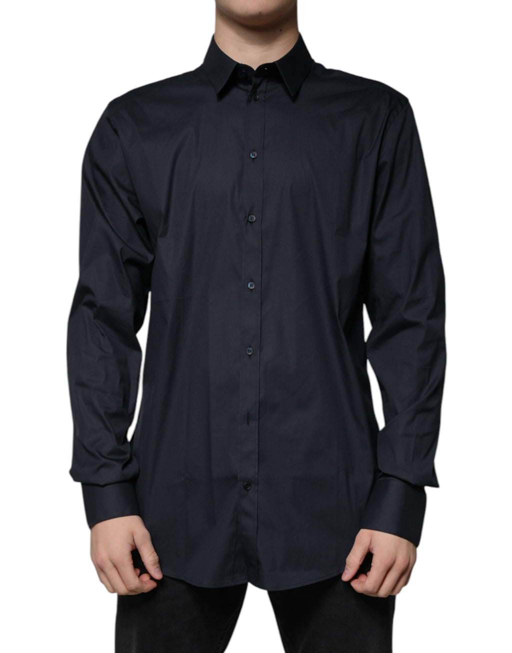 Chemise formelle Dolce & Gabbana en coton mélangé noir avec détails dorés, vue de face.