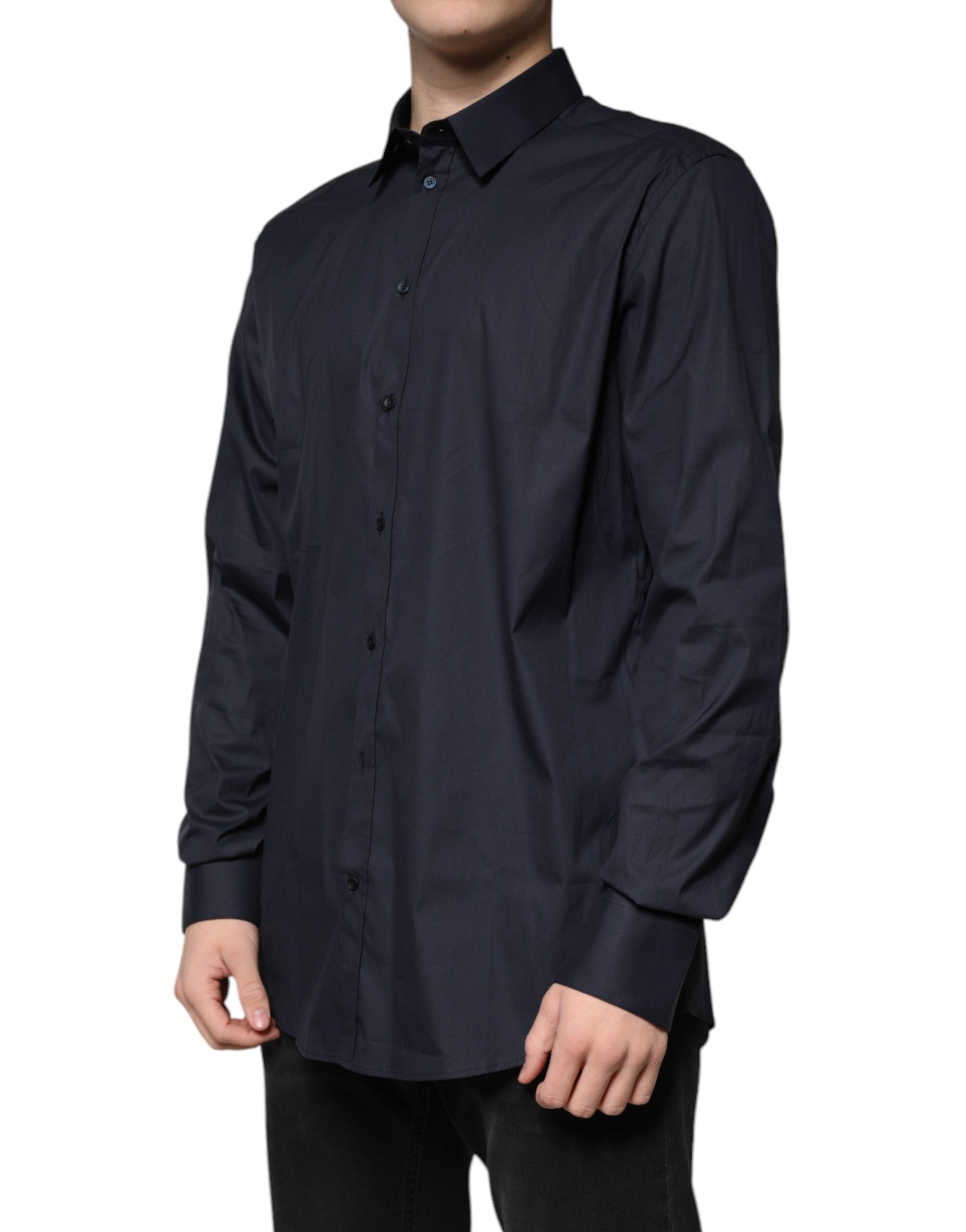Chemise formelle noire en coton mélangé Dolce & Gabbana avec détails dorés, adaptée pour occasion élégante.