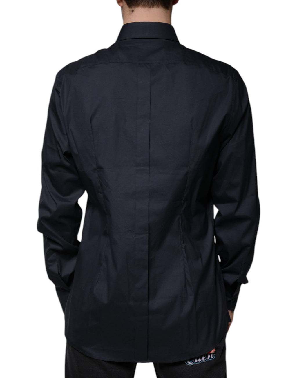 Chemise formelle Dolce & Gabbana en coton mélangé noir avec détails dorés, vue de face.