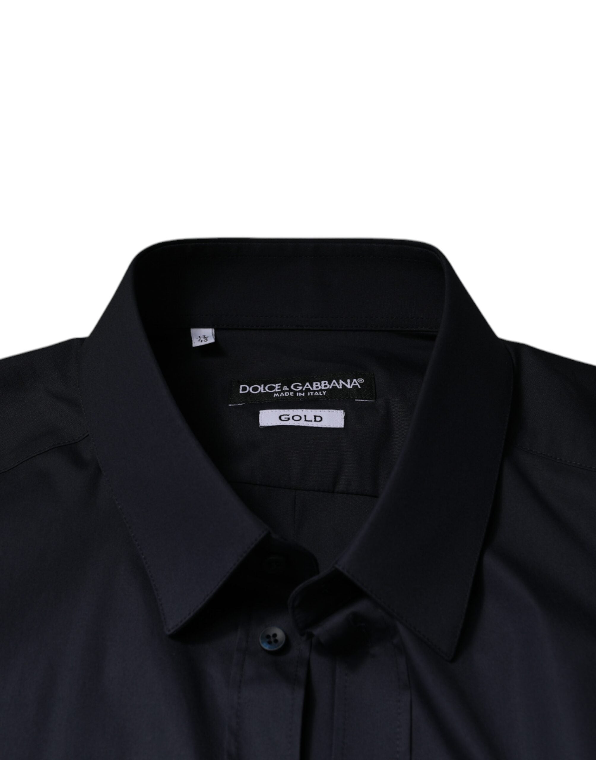 Chemise formelle Dolce & Gabbana en coton mélangé noir avec détails dorés, élégante et sophistiquée.