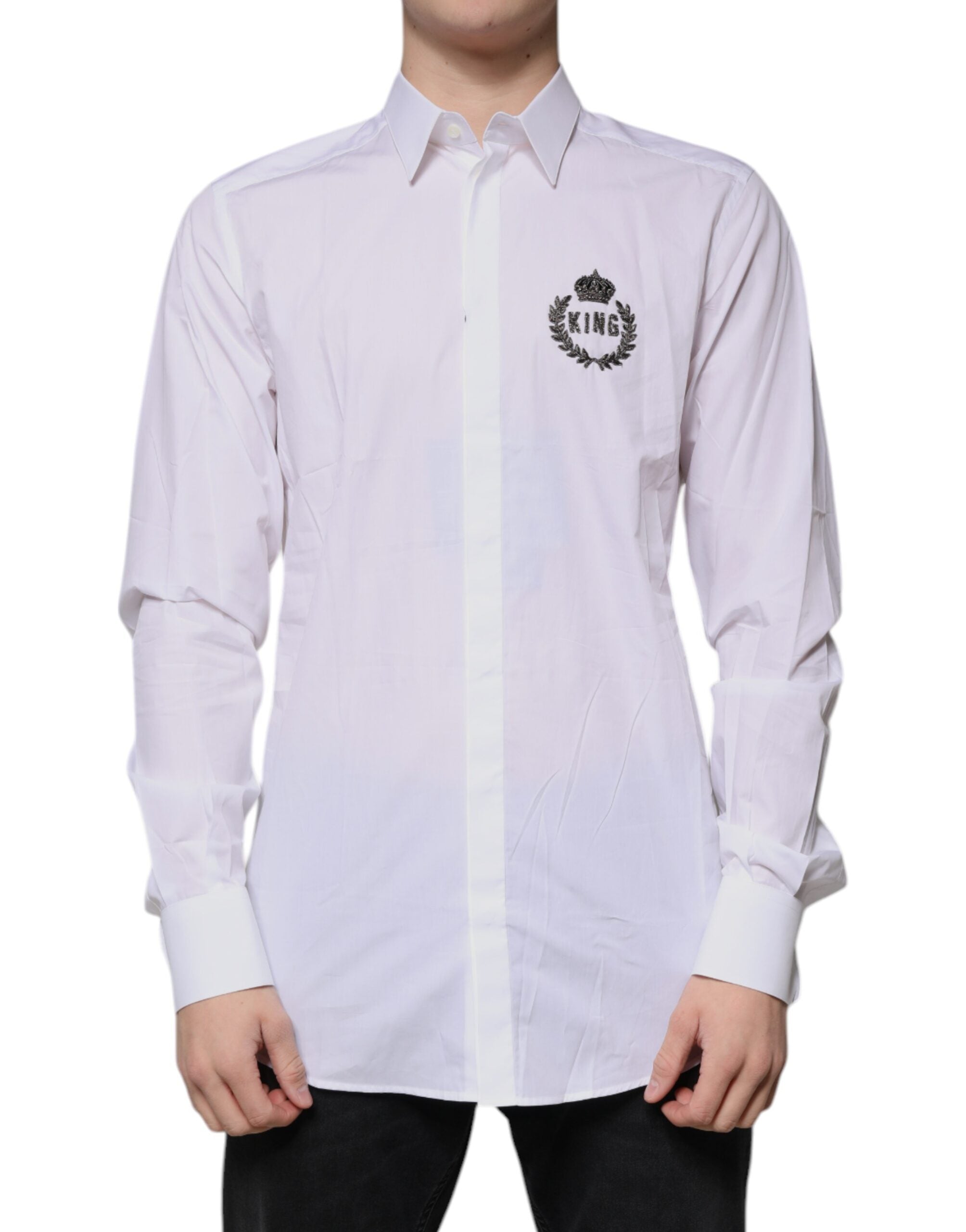 Chemise formelle blanche en coton Dolce & Gabbana pour homme avec logo or, col classique et poignets ajustés.