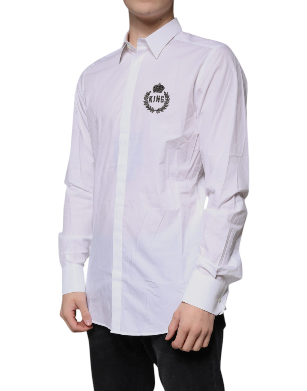 Chemise formelle blanche en coton Dolce & Gabbana pour homme avec logo doré, style élégant et sophistiqué