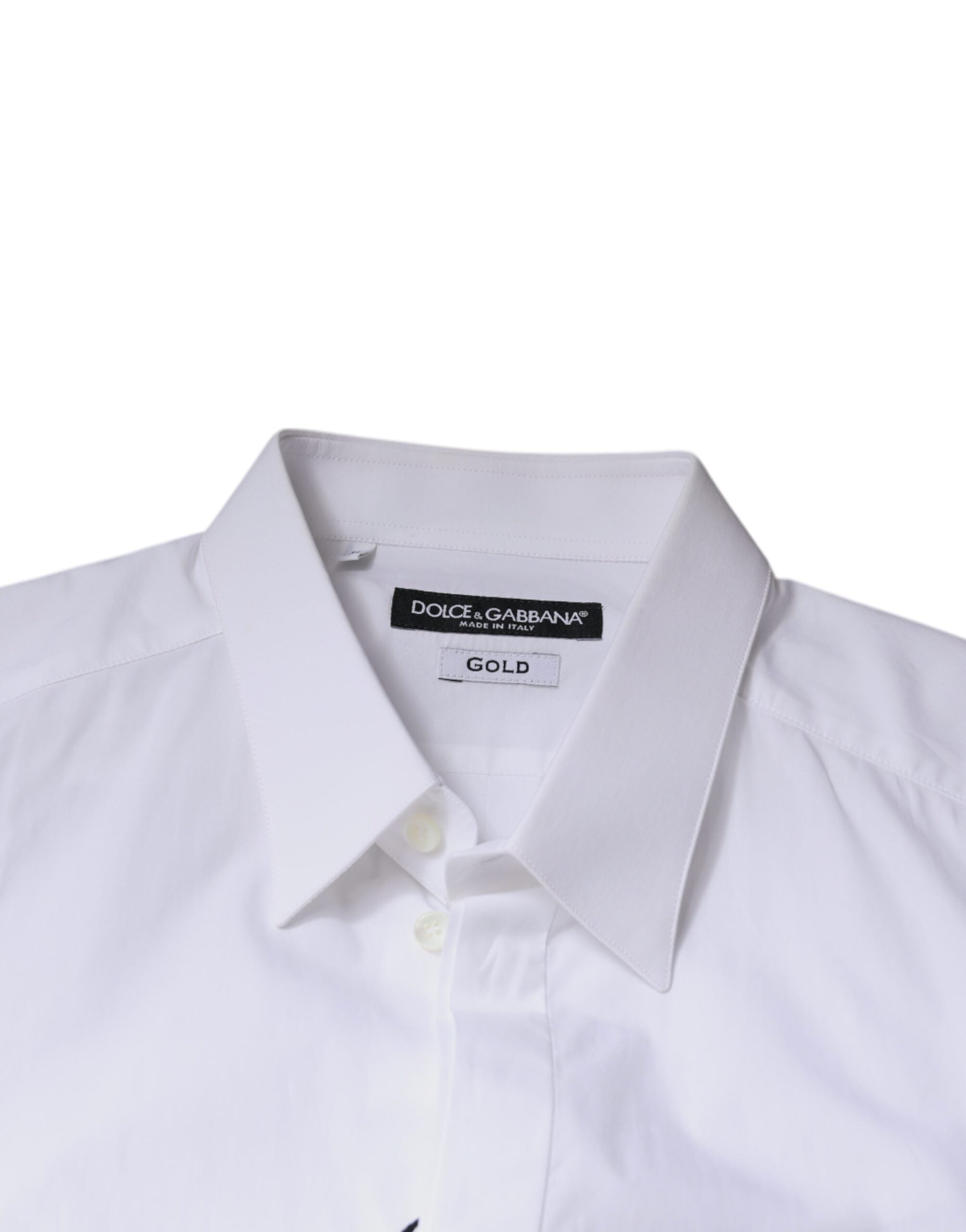 Chemise habillée blanche en coton avec logo Dolce & Gabbana pour homme, finition élégante et détails dorés.