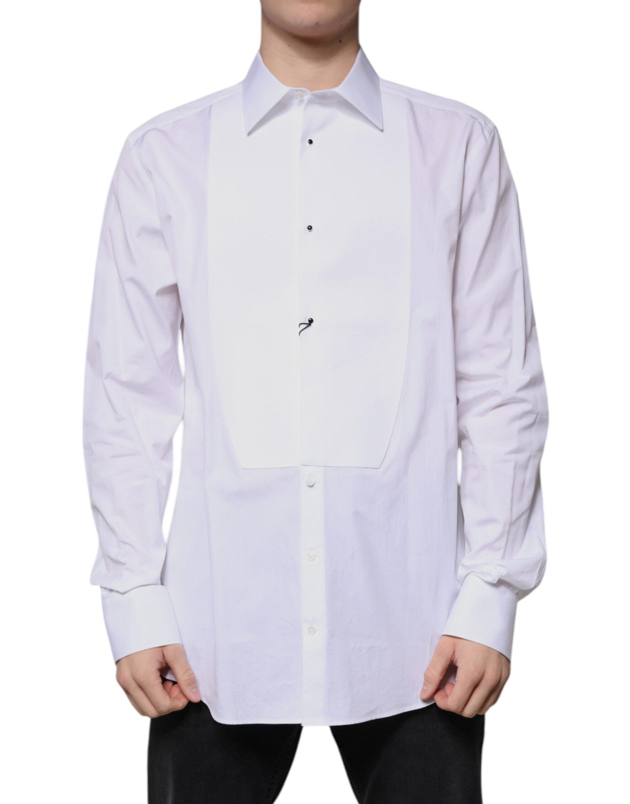 Chemise formelle en coton popeline blanche Dolce & Gabbana avec détails dorés, vue de face.