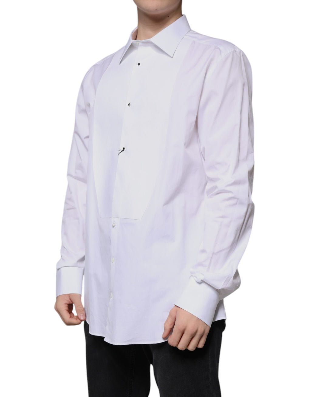 Chemise formelle Dolce & Gabbana blanche en coton popeline avec détails dorés, vue en gros plan.
