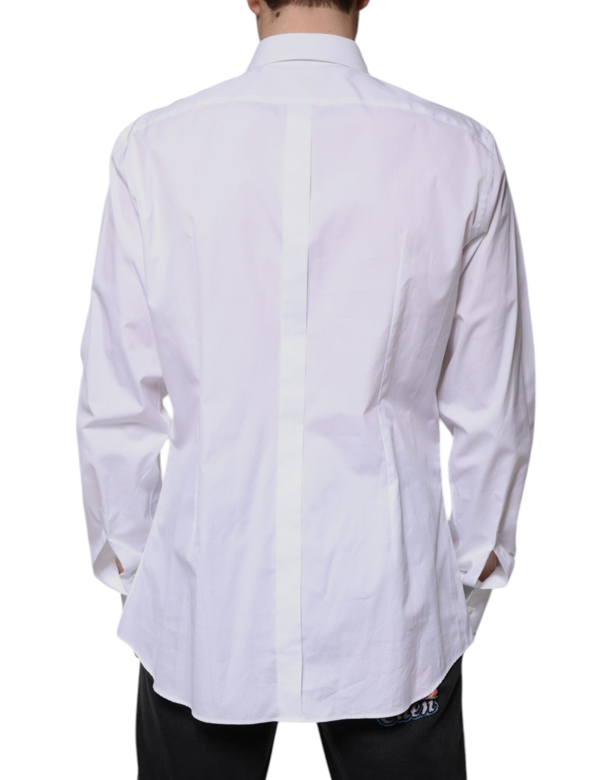 Chemise blanche en coton popeline Dolce & Gabbana avec broderie dorée pour homme, style formel et élégant.