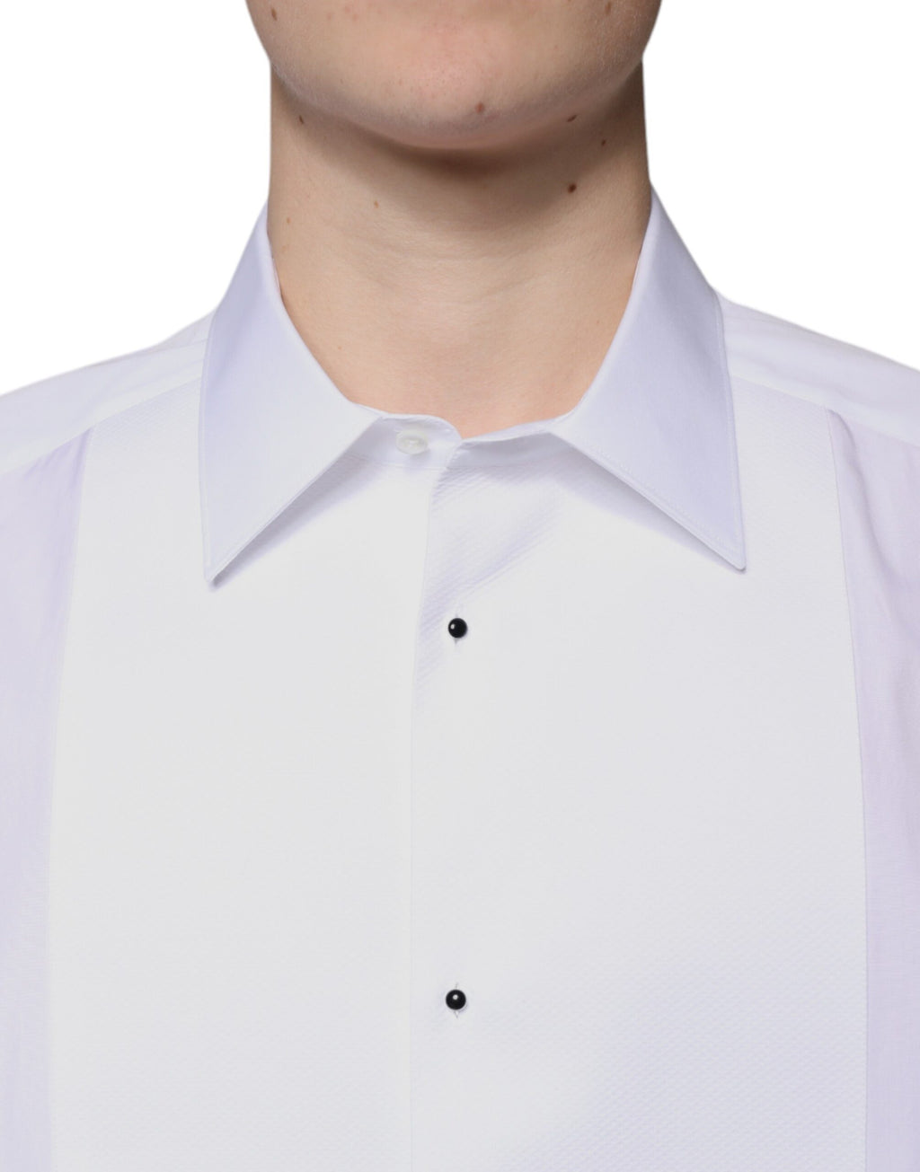 Chemise formelle blanche Dolce & Gabbana en coton popeline avec détails dorés, vue de face.
