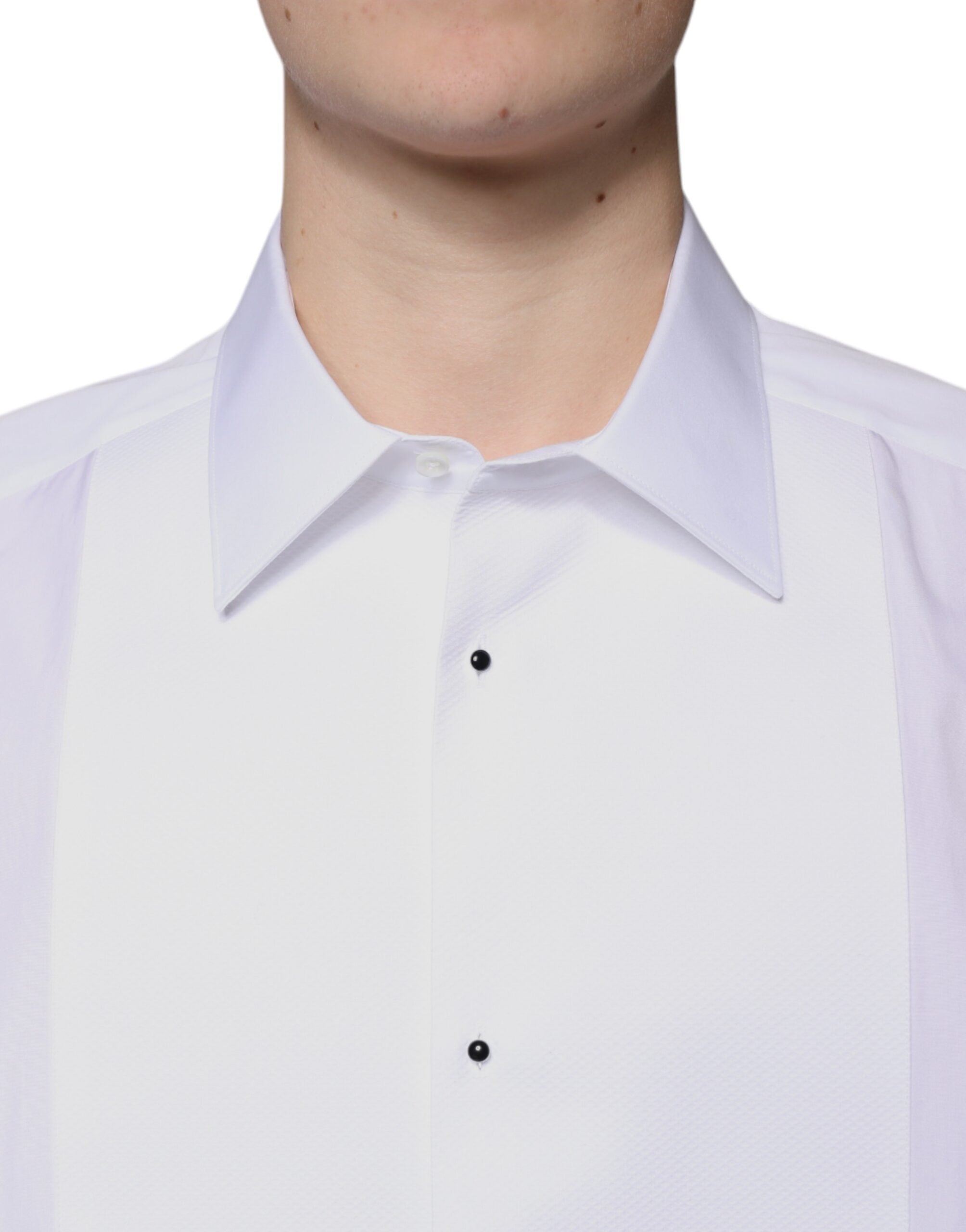 Chemise formelle blanche Dolce & Gabbana en coton popeline avec détails dorés, vue de face.