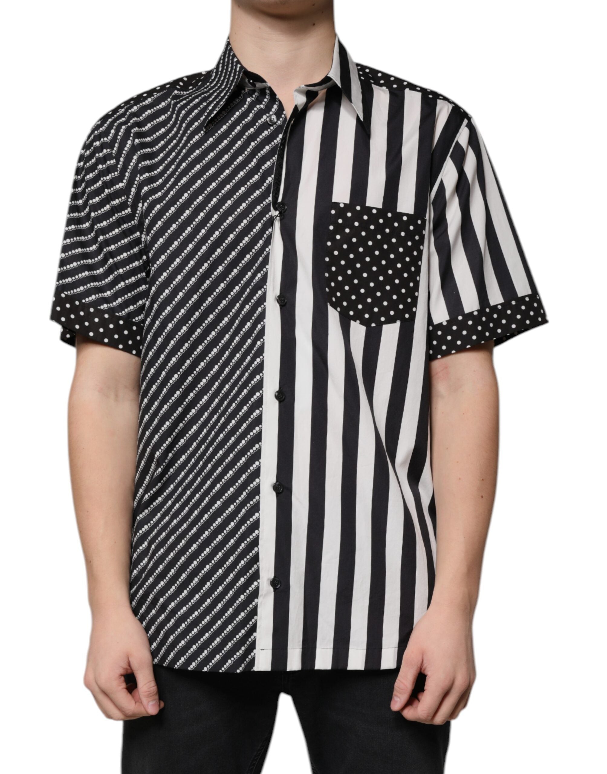 Chemise décontractée à rayures noires et blanches de Dolce & Gabbana avec boutons, vue de face.