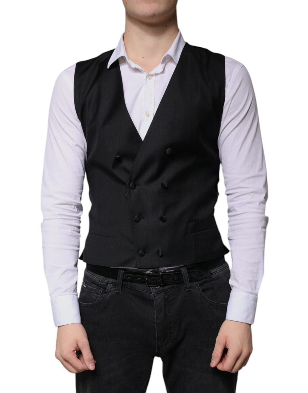 Gilet homme Dolce & Gabbana en laine noire, costume formel, veston élégant avec col et boutons.