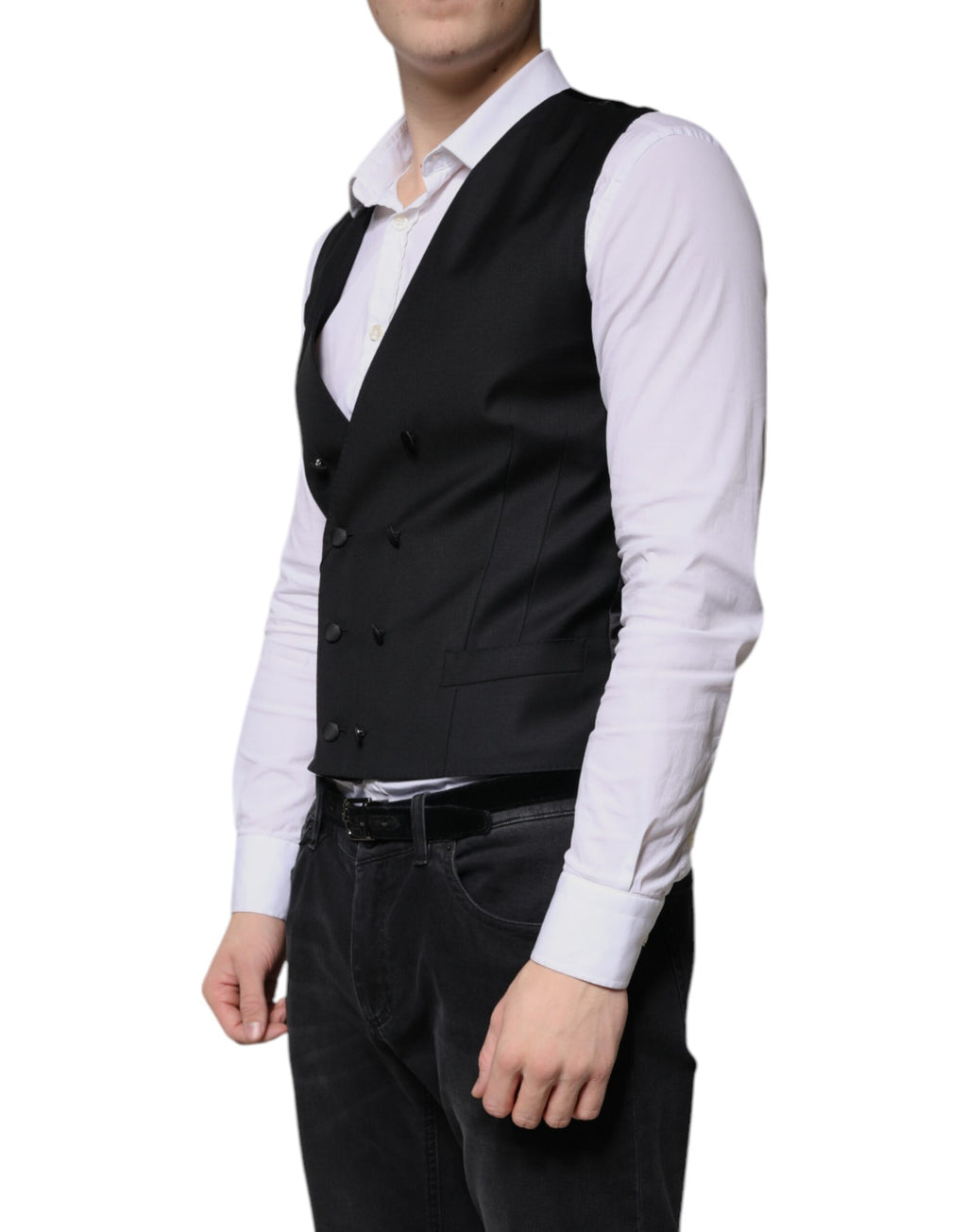 Gilet homme Dolce & Gabbana en laine noire, costume formel élégant avec détails sophistiqués.