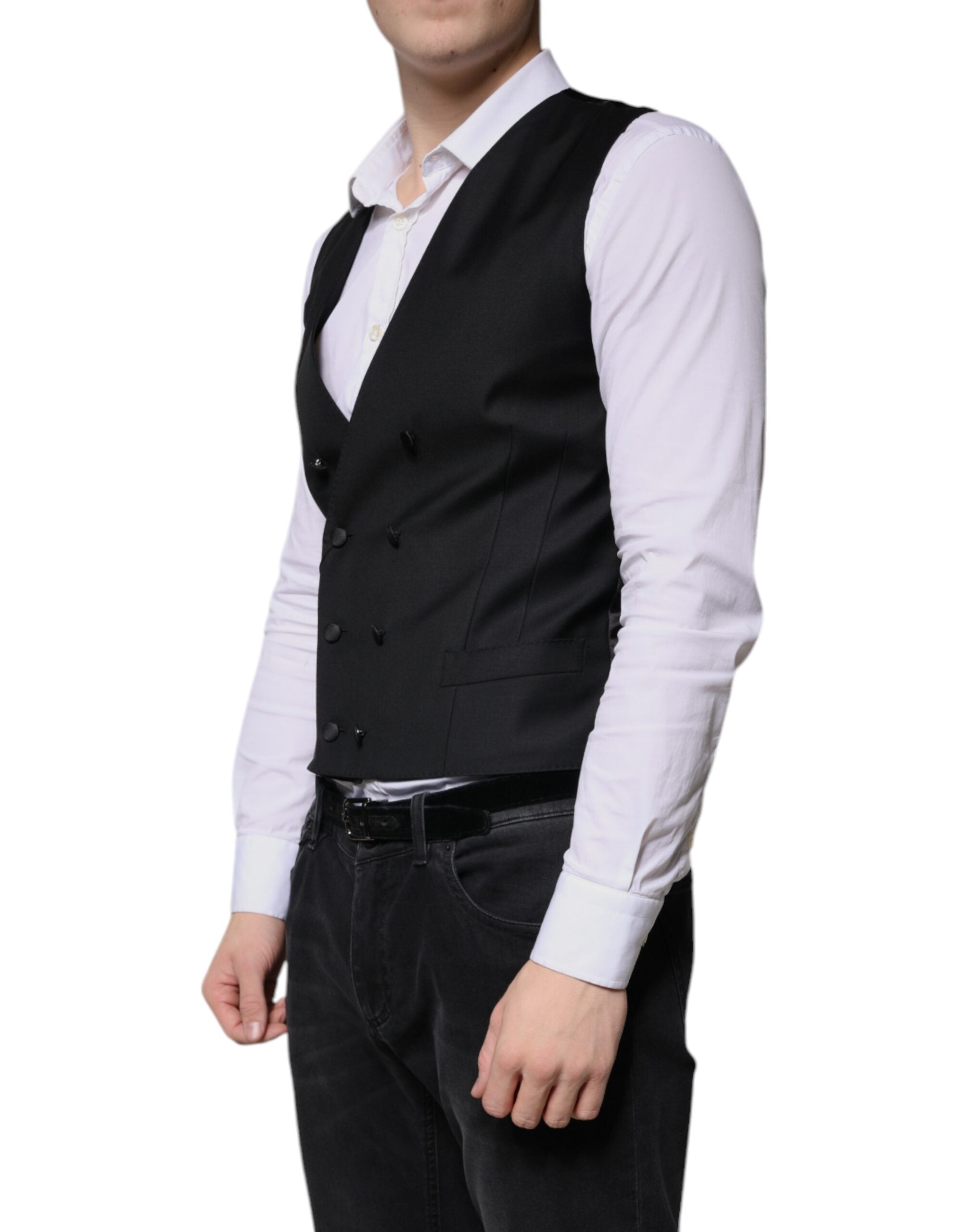 Gilet homme Dolce & Gabbana en laine noire, costume formel élégant avec détails sophistiqués.