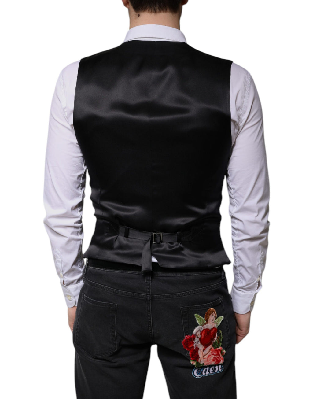 Gilet formel en laine noire Dolce & Gabbana pour homme, veston élégant avec détails sophistiqués.