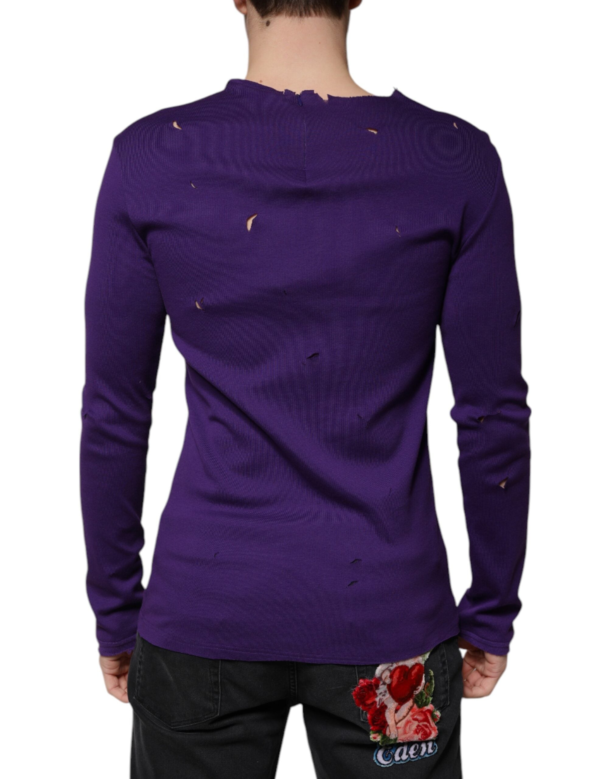 Pull à col rond en coton violet Dolce & Gabbana pour homme, vue de face, détails du tissu et du design.