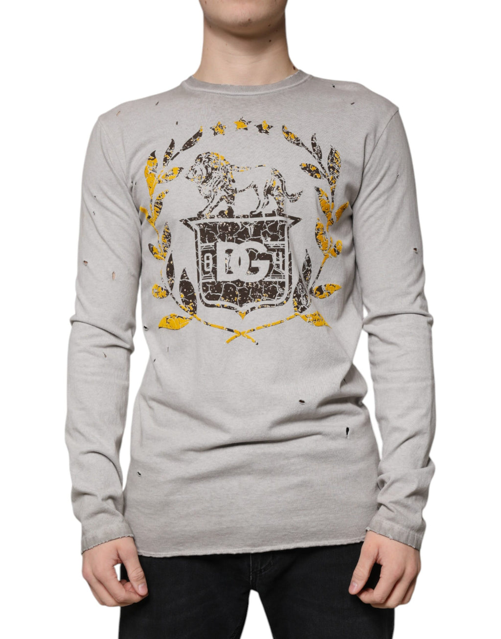 Pull en coton gris à imprimé de Dolce & Gabbana, col rond, confortable et stylé, pour un look décontracté.