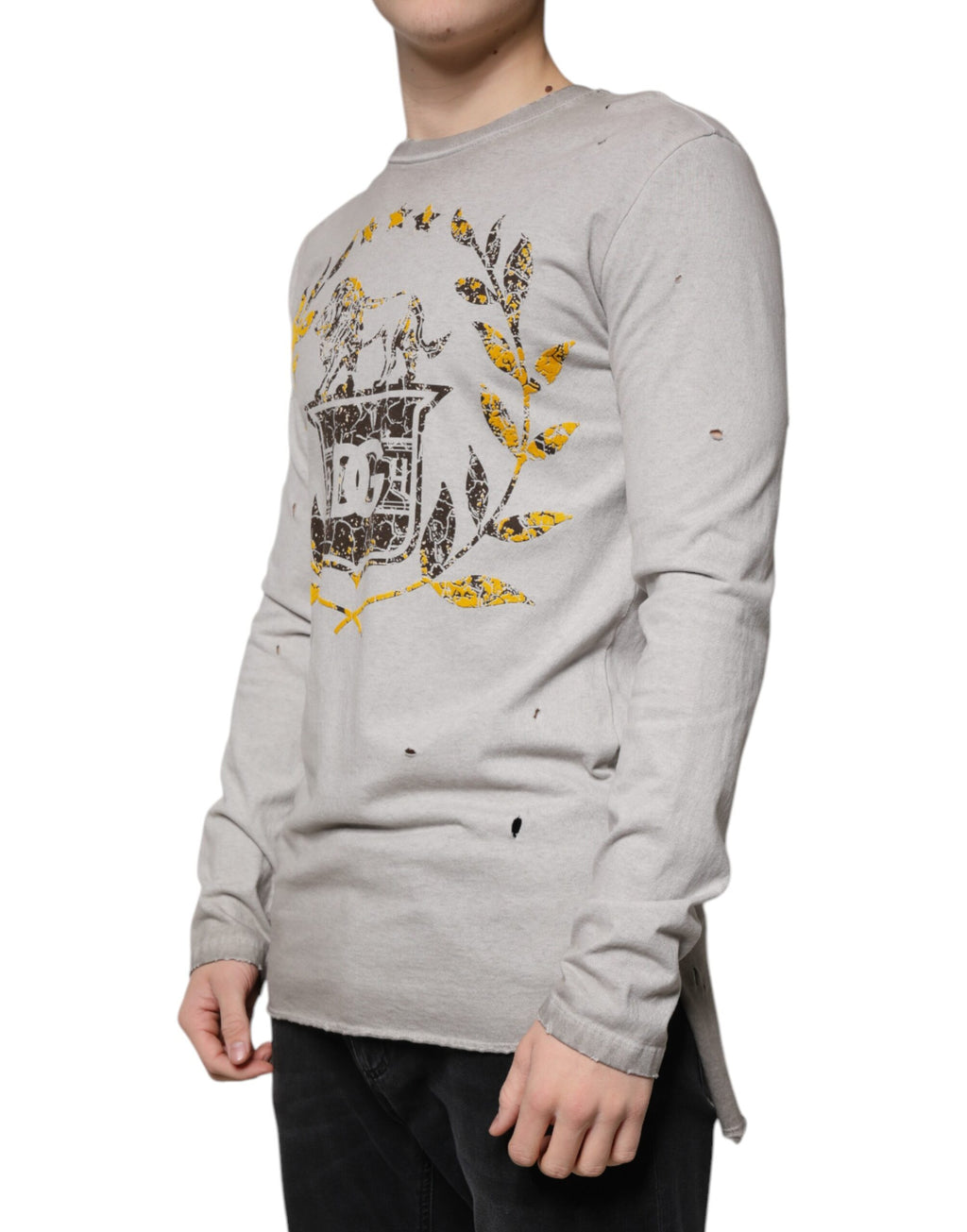 Pull-over en coton gris imprimé de Dolce & Gabbana, sweat-shirt à col ras du cou avec motif élégant.