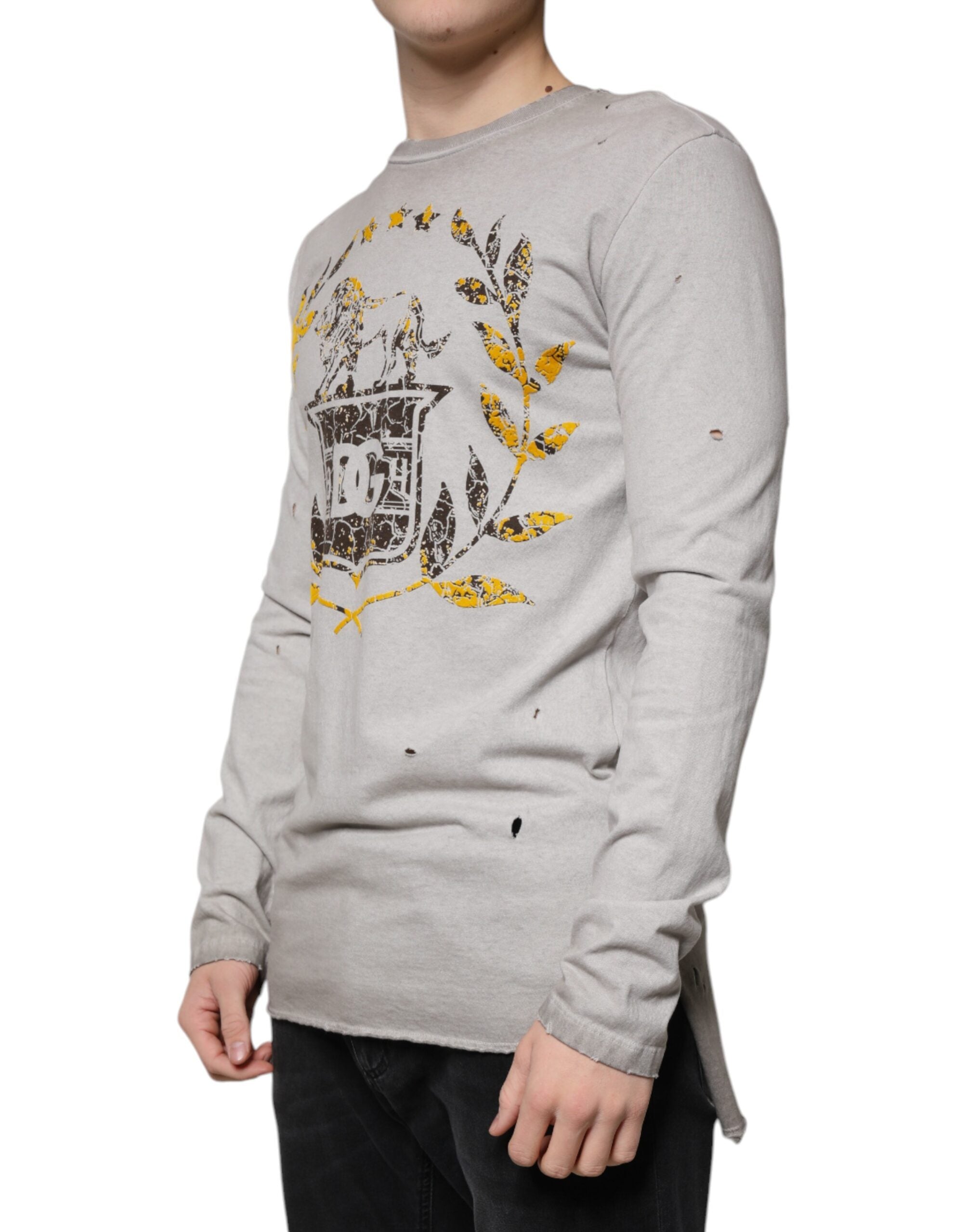 Pull-over en coton gris imprimé de Dolce & Gabbana, sweat-shirt à col ras du cou avec motif élégant.