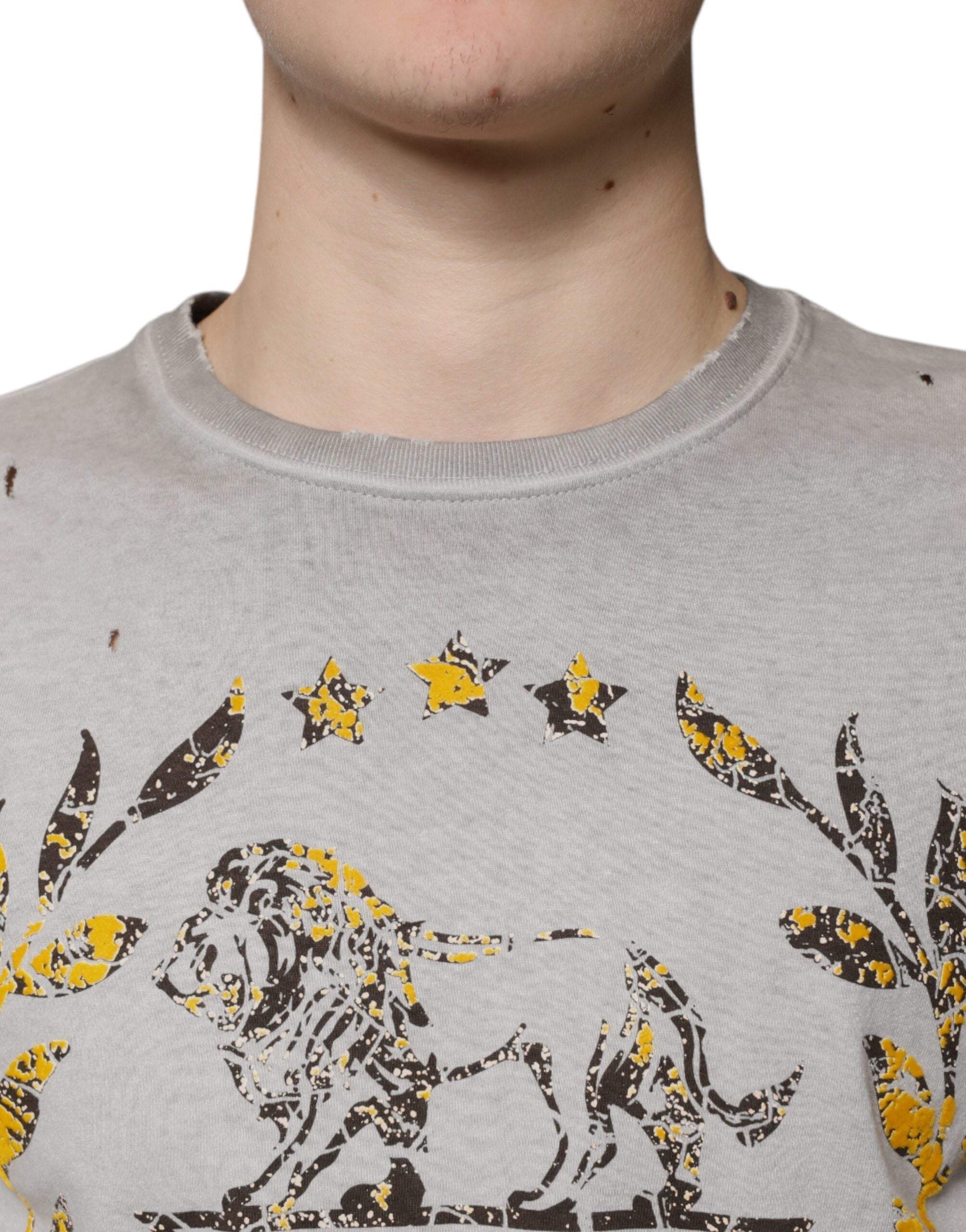 Pull en coton gris à imprimé Dolce & Gabbana, col rond, pull-over élégant pour homme.