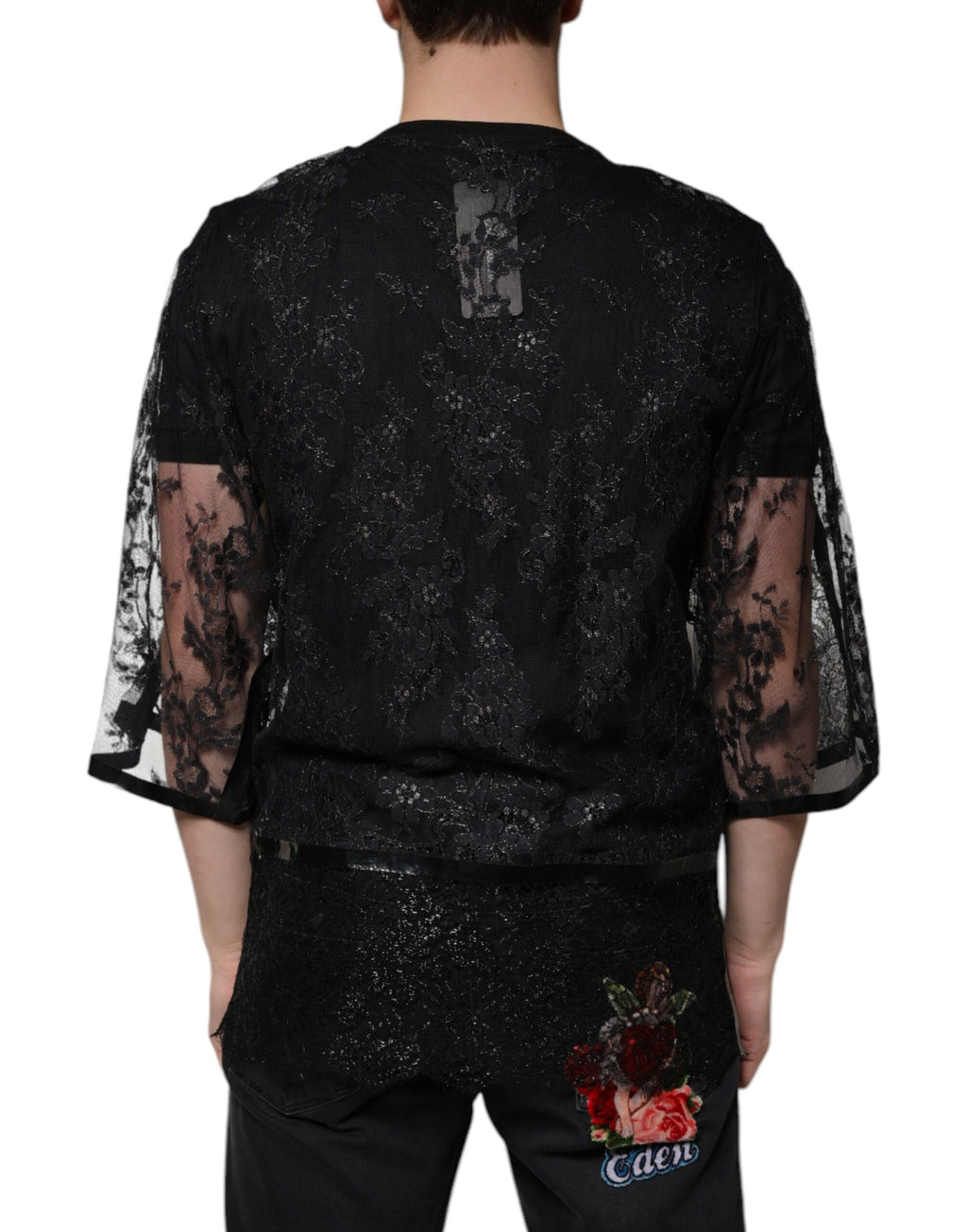T-shirt à col rond en nylon noir Dolce & Gabbana avec détails floraux en dentelle, style élégant et moderne.