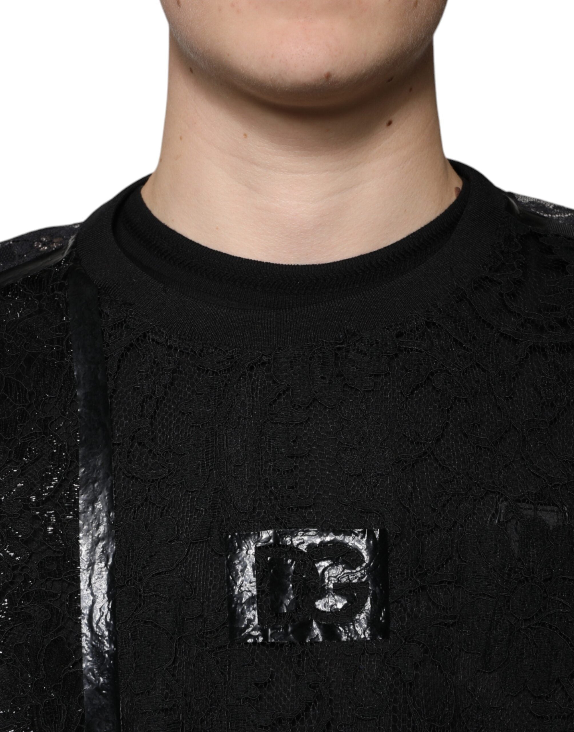 T-shirt noir en nylon avec broderie florale et col rond de Dolce & Gabbana, style élégant et moderne.