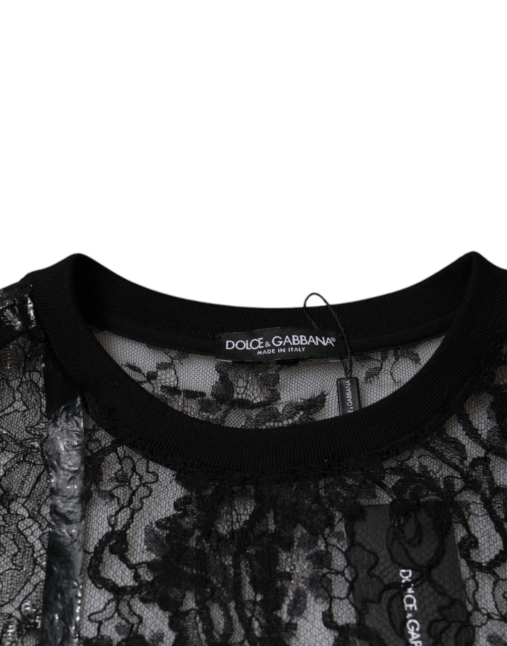 T-shirt noir en nylon avec dentelle florale à col rond de Dolce & Gabbana, style élégant et moderne.