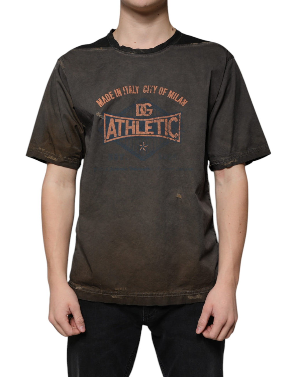 T-shirt rond en coton marron avec motif graphique Dolce & Gabbana, col rond, design élégant et moderne.