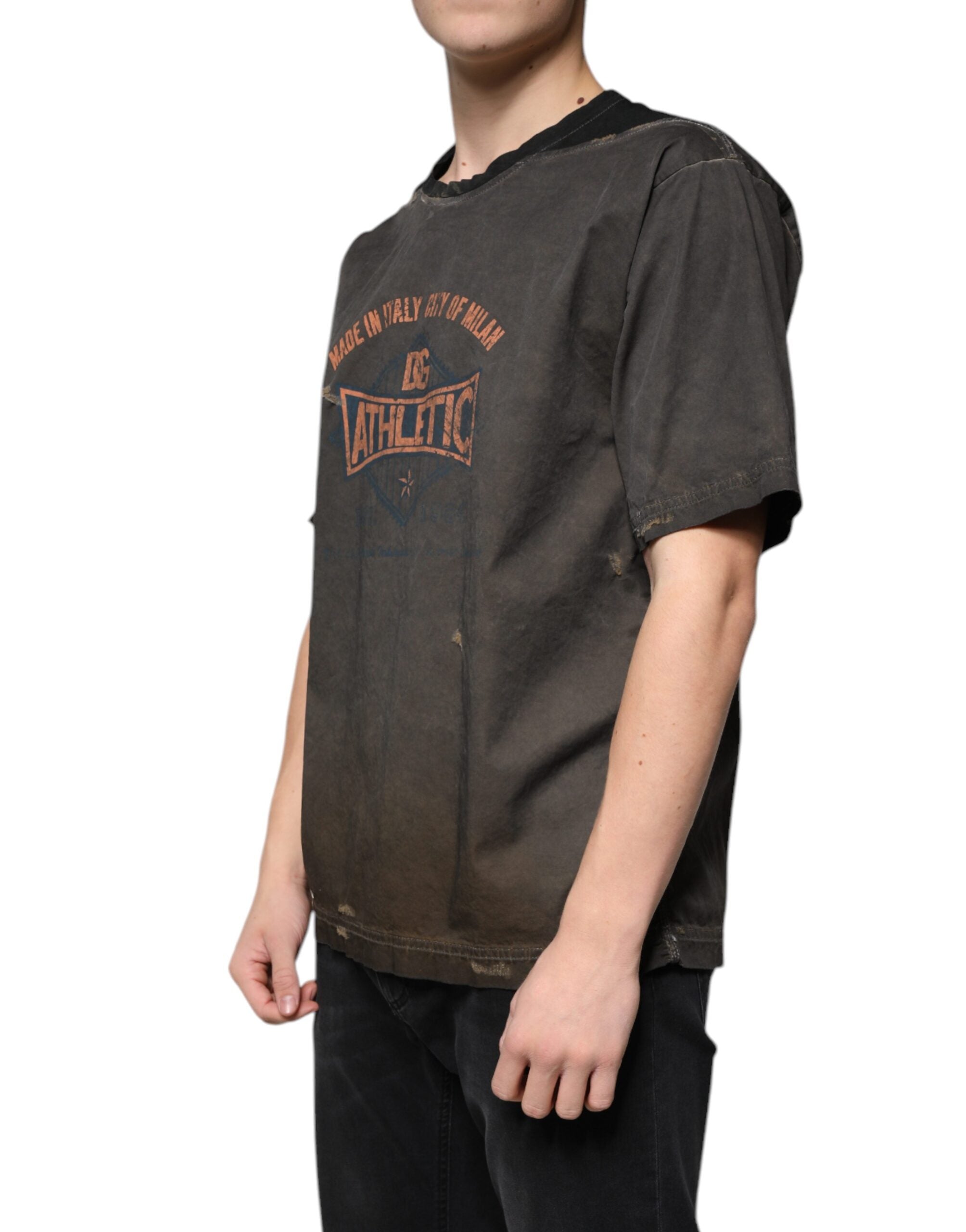 T-shirt en coton marron avec imprimé graphique rond chez Dolce & Gabbana, col rond, design moderne et élégant.